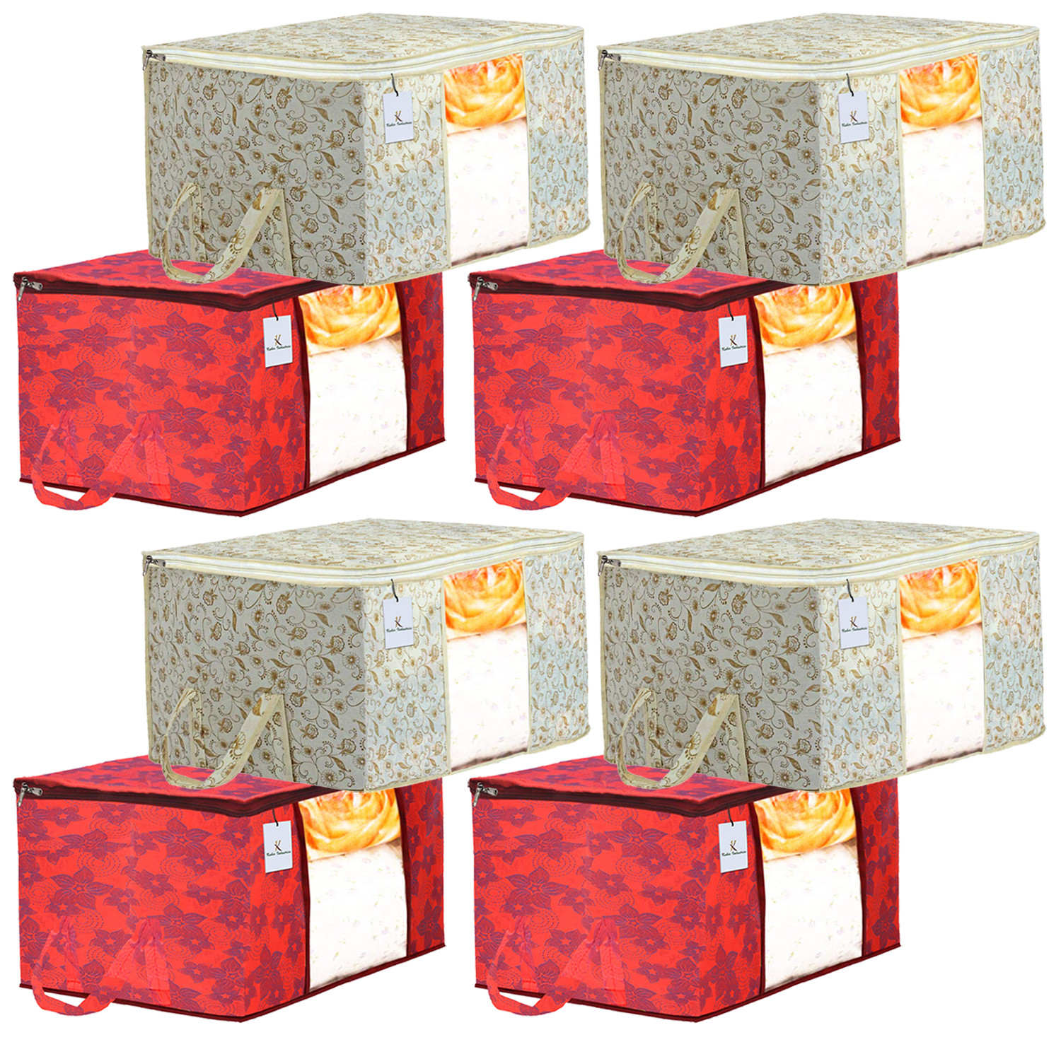 Kuber Industries Metalic Printed Non Woven Fabric Underbed Storage Bag,Cloth Organiser,Blanket Cover with Transparent Window, Brown & Red -CTKTC41053