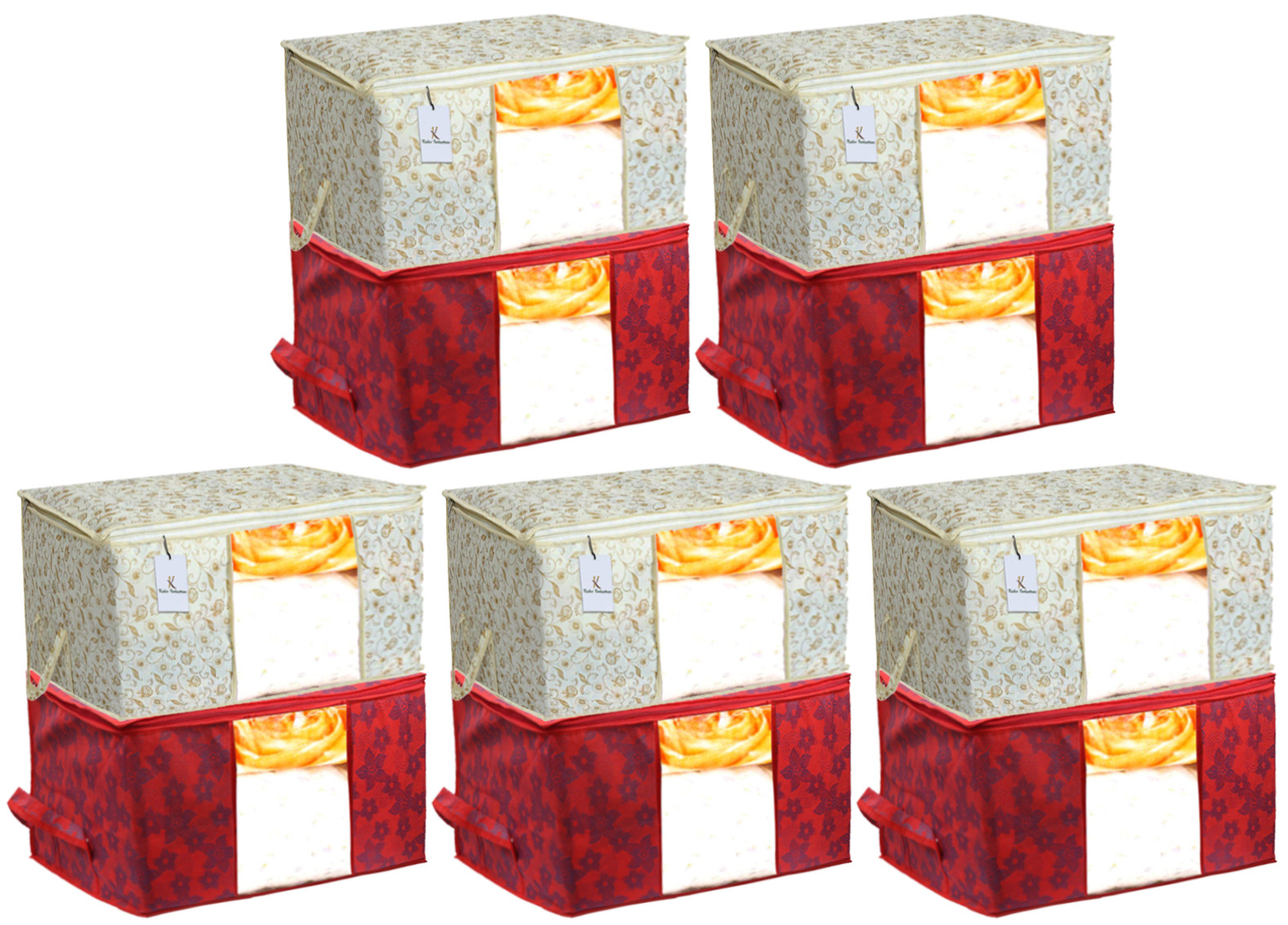 Kuber Industries Metalic Printed Non Woven Fabric Underbed Storage Bag,Cloth Organiser,Blanket Cover with Transparent Window, Brown & Red -CTKTC41053