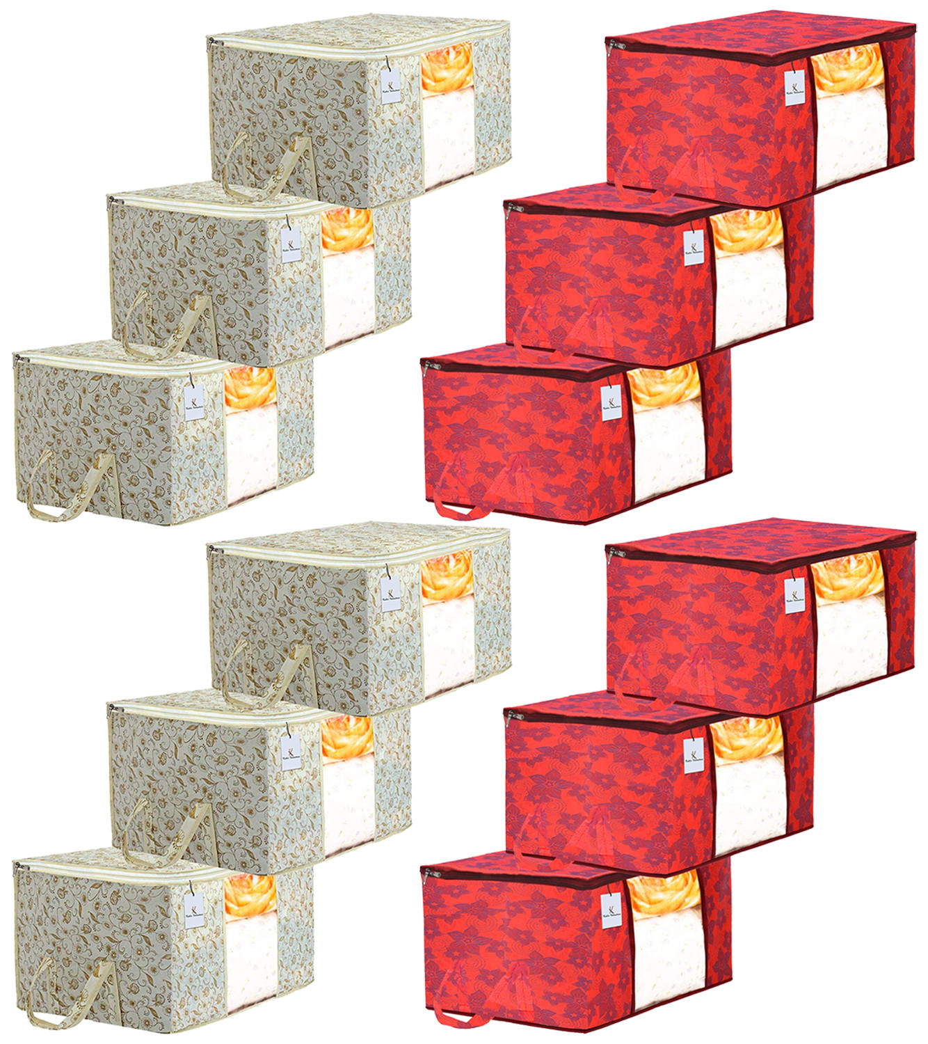 Kuber Industries Metalic Printed Non Woven Fabric Underbed Storage Bag,Cloth Organiser,Blanket Cover with Transparent Window, Brown & Red -CTKTC41053