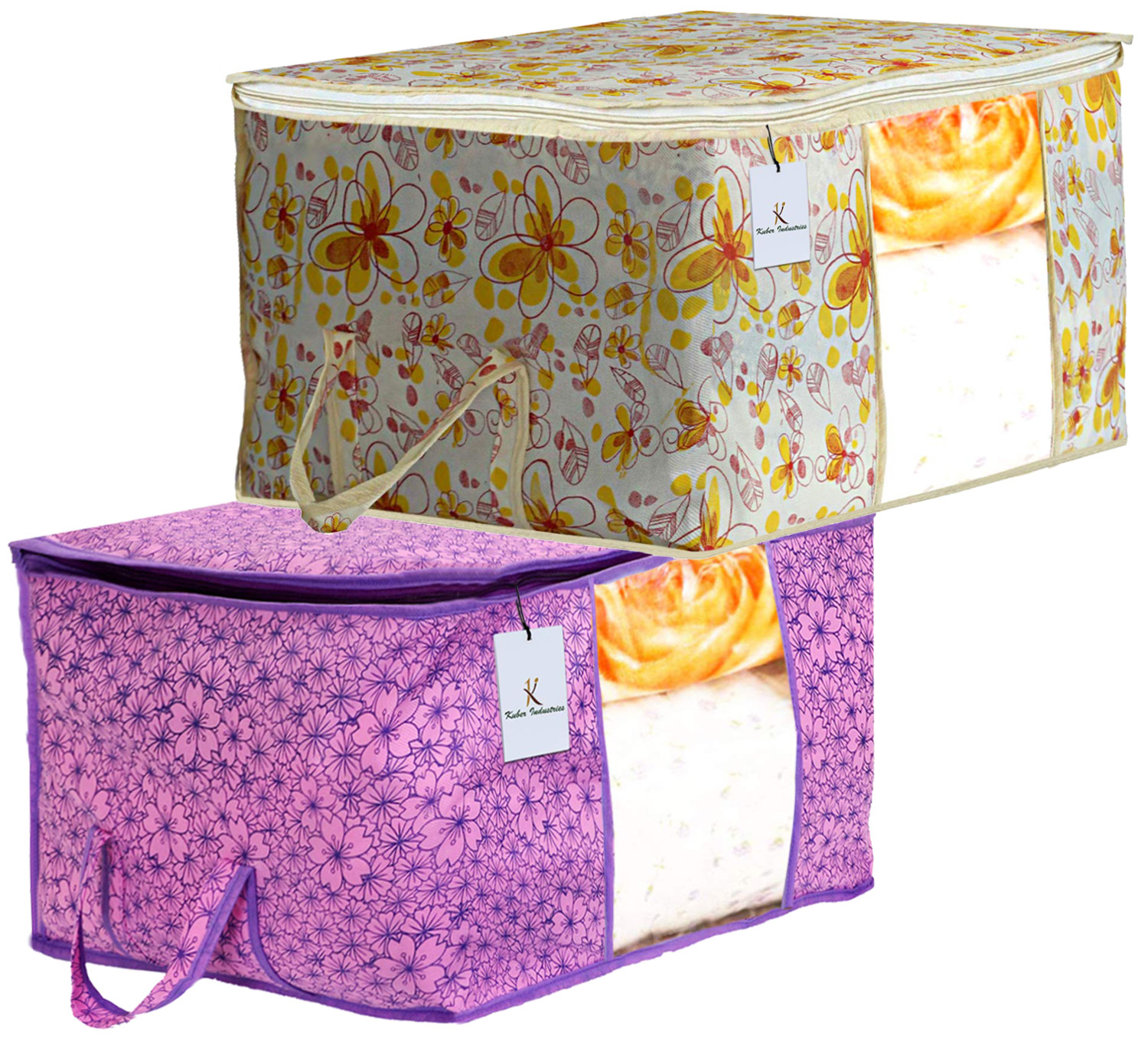 Kuber Industries Metalic Printed Non Woven Fabric Underbed Storage Bag,Cloth Organiser,Blanket Cover with Transparent Window, Pink Purple & Ivory Red -CTKTC41055