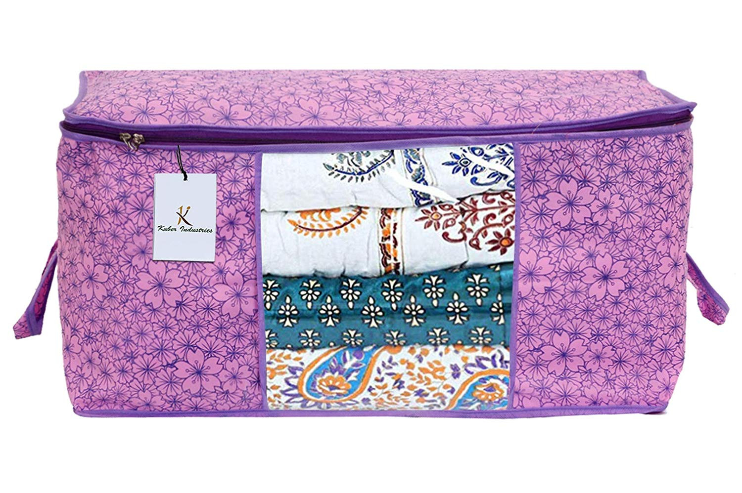 Kuber Industries Metalic Printed Non Woven Fabric Underbed Storage Bag,Cloth Organiser,Blanket Cover with Transparent Window, Pink Purple & Ivory Red -CTKTC41055