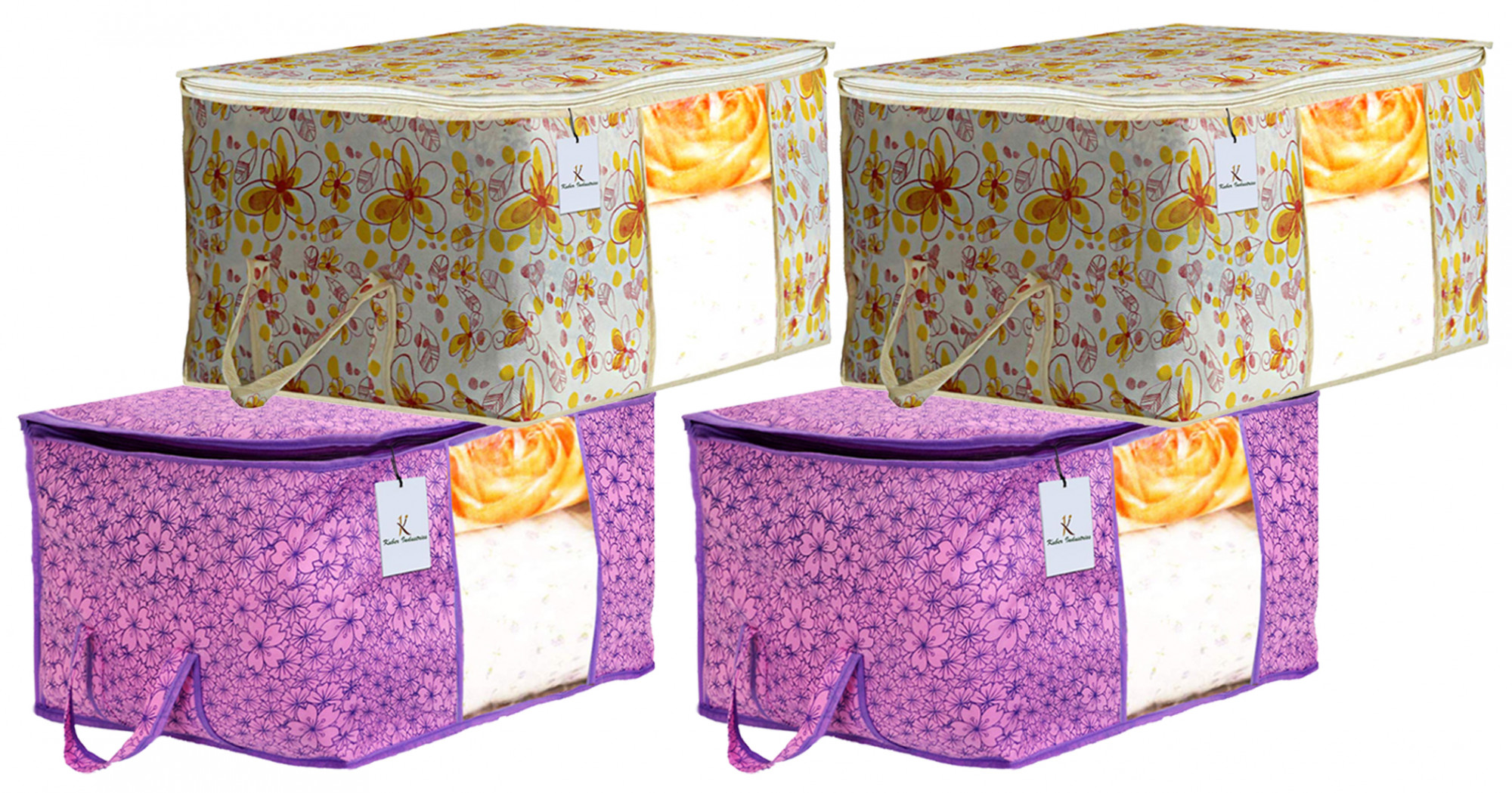 Kuber Industries Metalic Printed Non Woven Fabric Underbed Storage Bag,Cloth Organiser,Blanket Cover with Transparent Window, Pink Purple & Ivory Red -CTKTC41055