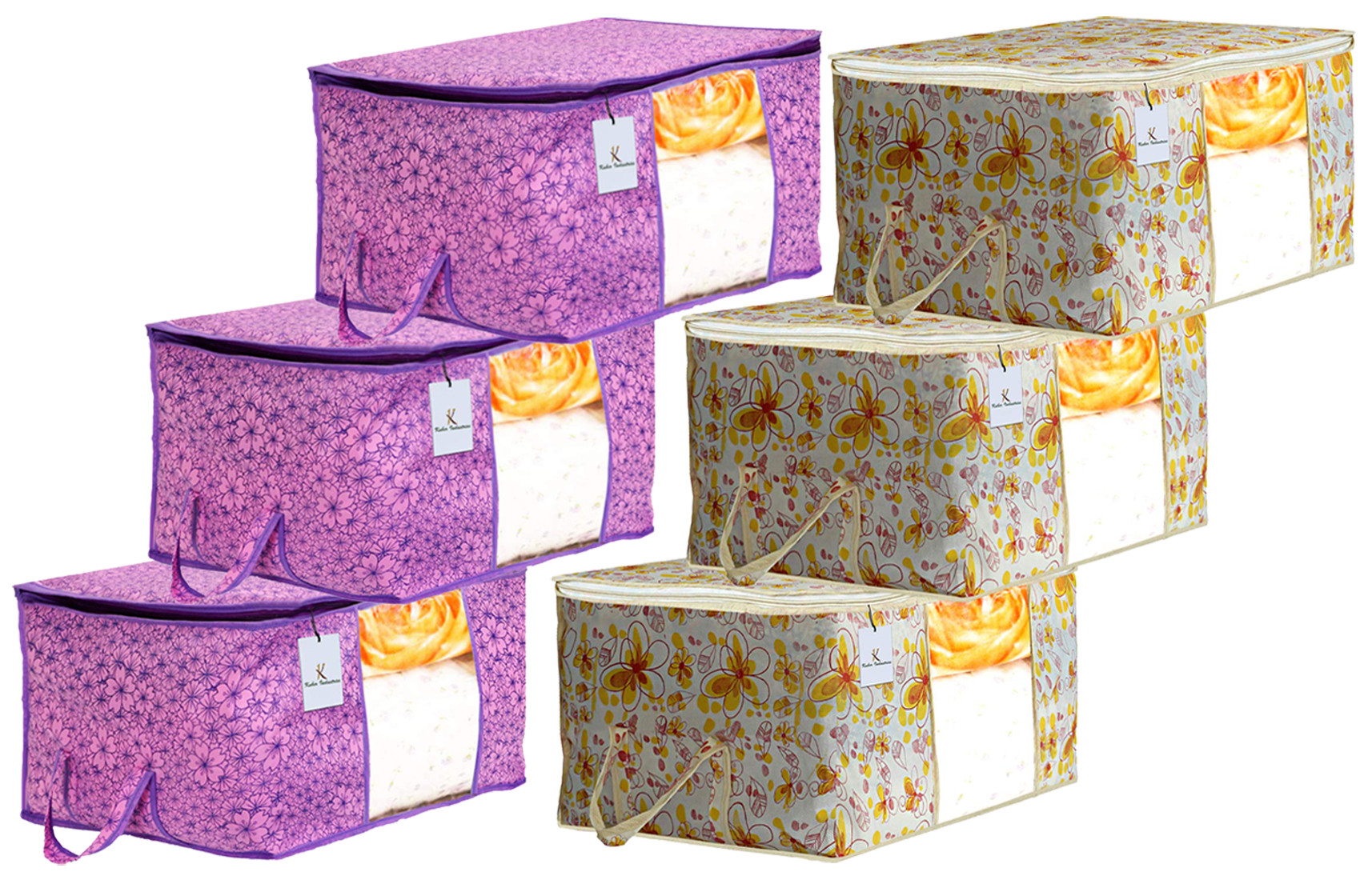 Kuber Industries Metalic Printed Non Woven Fabric Underbed Storage Bag,Cloth Organiser,Blanket Cover with Transparent Window, Pink Purple & Ivory Red -CTKTC41055