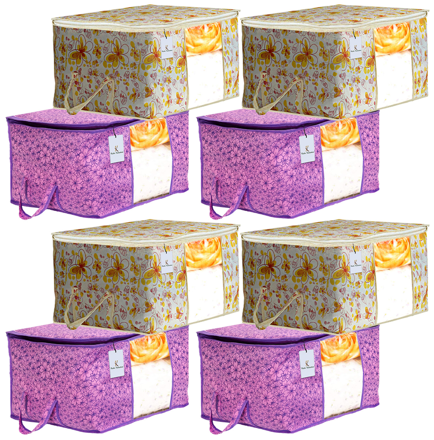 Kuber Industries Metalic Printed Non Woven Fabric Underbed Storage Bag,Cloth Organiser,Blanket Cover with Transparent Window, Pink Purple & Ivory Red -CTKTC41055