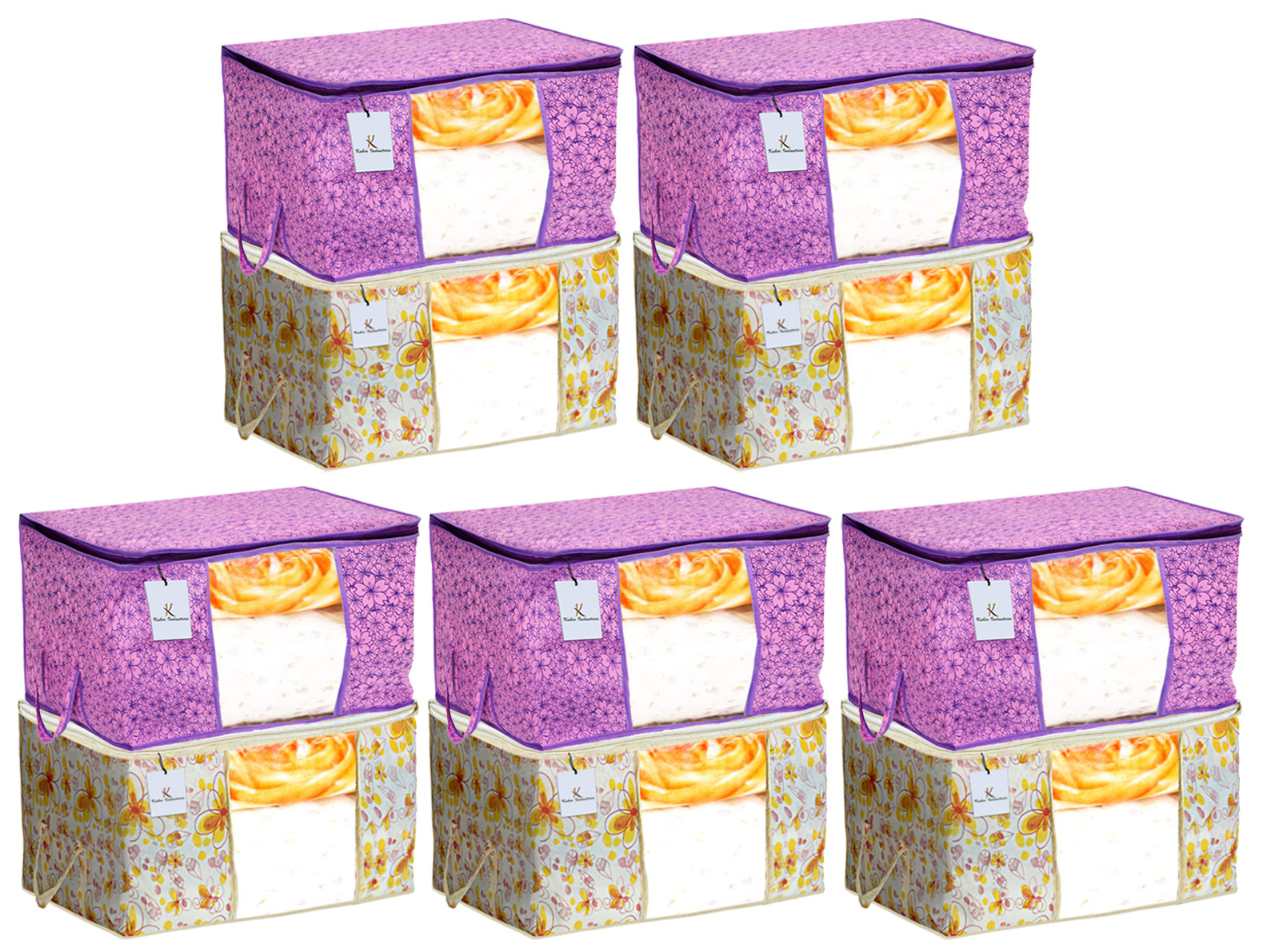 Kuber Industries Metalic Printed Non Woven Fabric Underbed Storage Bag,Cloth Organiser,Blanket Cover with Transparent Window, Pink Purple & Ivory Red -CTKTC41055