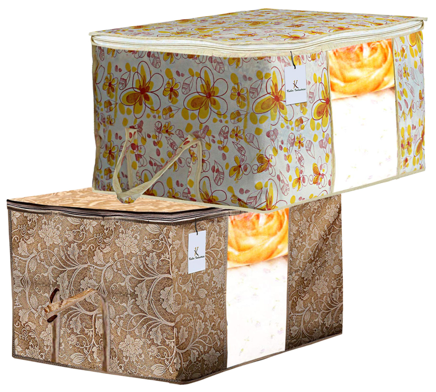 Kuber Industries Metalic Printed Non Woven Fabric Underbed Storage Bag,Cloth Organiser,Blanket Cover with Transparent Window, Beige & Ivory Red -CTKTC41057
