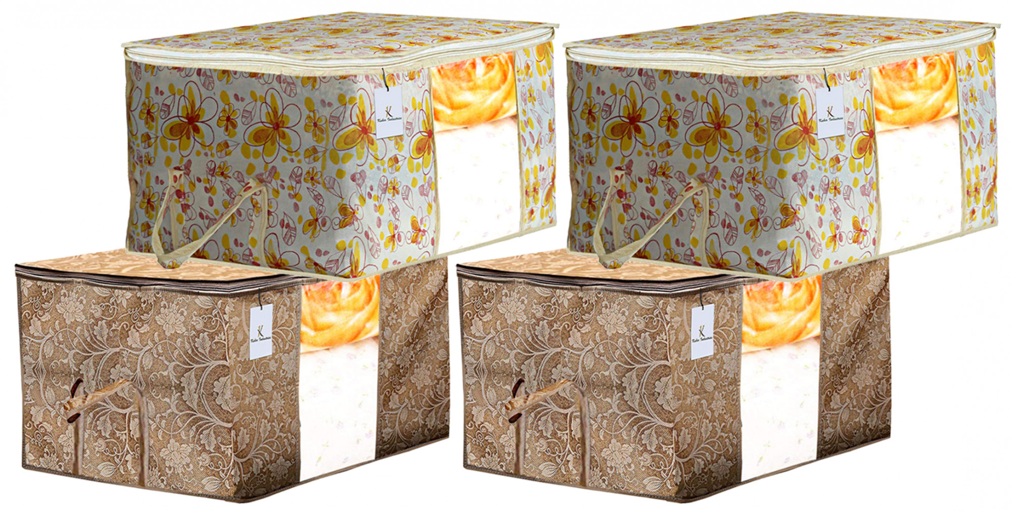 Kuber Industries Metalic Printed Non Woven Fabric Underbed Storage Bag,Cloth Organiser,Blanket Cover with Transparent Window, Beige & Ivory Red -CTKTC41057