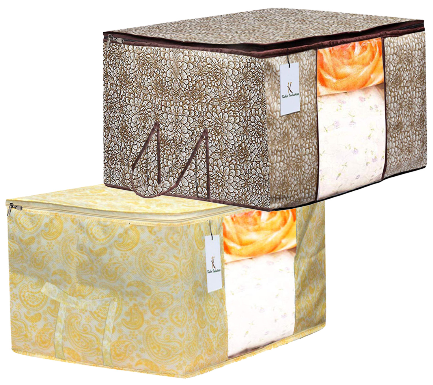 Kuber Industries Metalic Printed Non Woven Fabric Underbed Storage Bag,Cloth Organiser,Blanket Cover with Transparent Window, Golden Brown & Gold -CTKTC41059