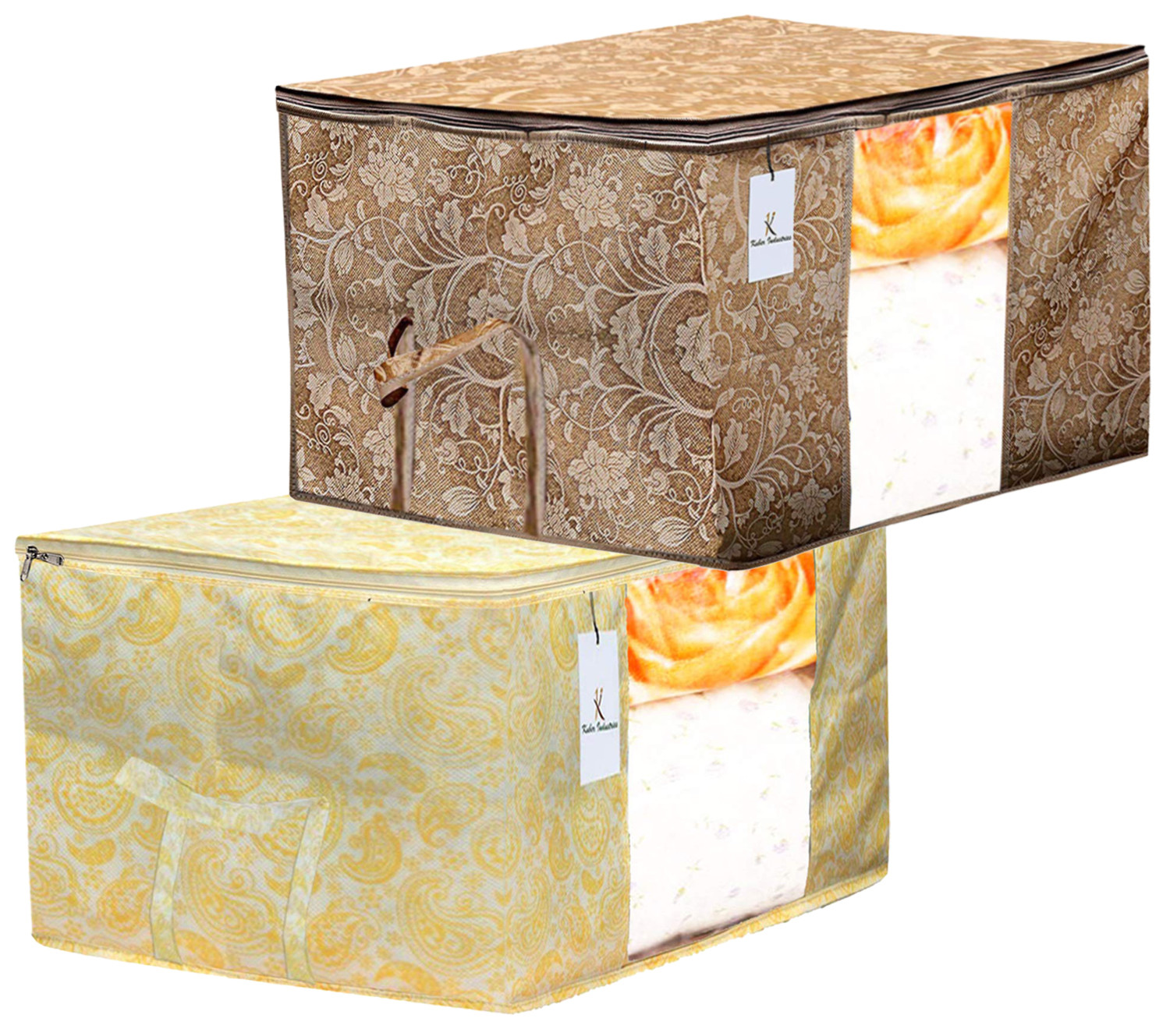 Kuber Industries Metalic Printed Non Woven Fabric Underbed Storage Bag,Cloth Organiser,Blanket Cover with Transparent Window, Gold & Beige -CTKTC41061