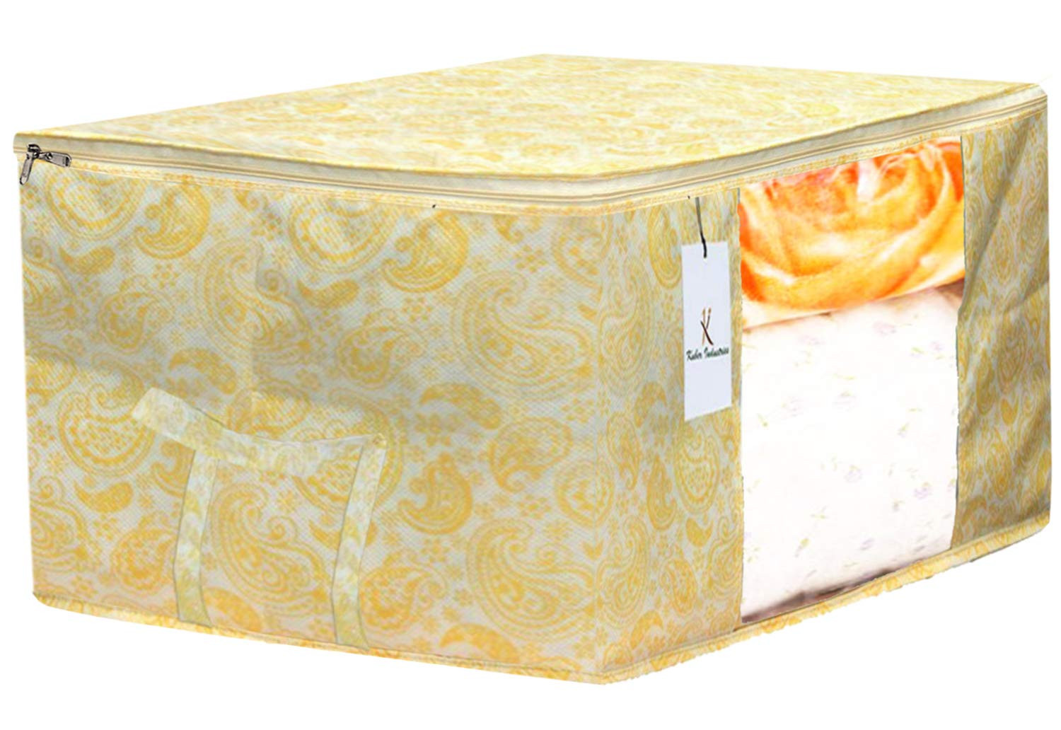 Kuber Industries Metalic Printed Non Woven Fabric Underbed Storage Bag,Cloth Organiser,Blanket Cover with Transparent Window, Gold & Beige -CTKTC41061