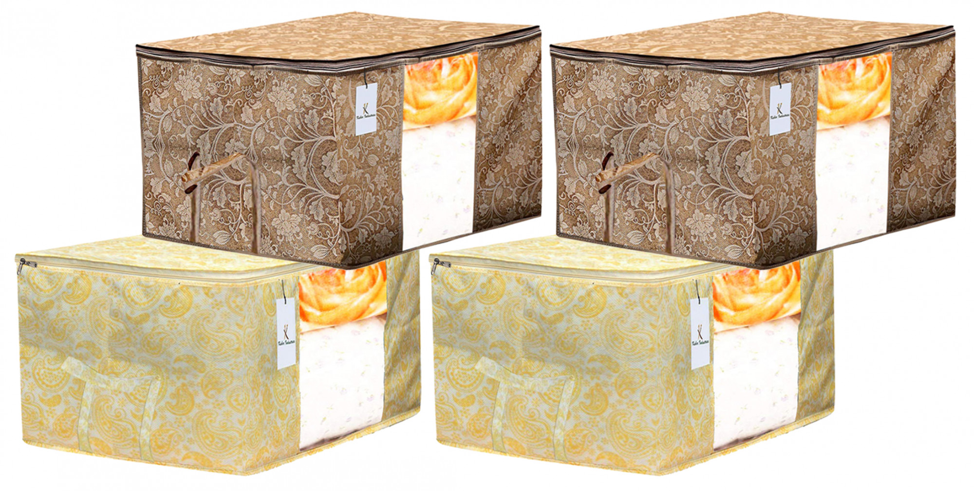 Kuber Industries Metalic Printed Non Woven Fabric Underbed Storage Bag,Cloth Organiser,Blanket Cover with Transparent Window, Gold & Beige -CTKTC41061