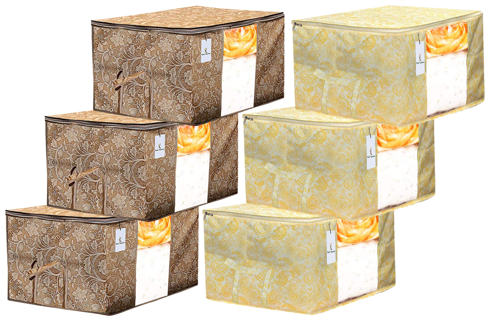 Kuber Industries Metalic Printed Non Woven Fabric Underbed Storage Bag,Cloth Organiser,Blanket Cover with Transparent Window, Gold & Beige -CTKTC41061