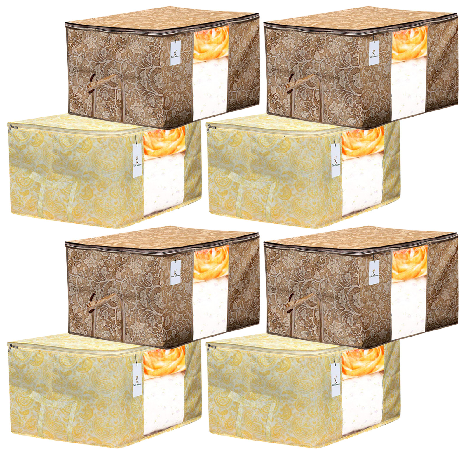 Kuber Industries Metalic Printed Non Woven Fabric Underbed Storage Bag,Cloth Organiser,Blanket Cover with Transparent Window, Gold & Beige -CTKTC41061