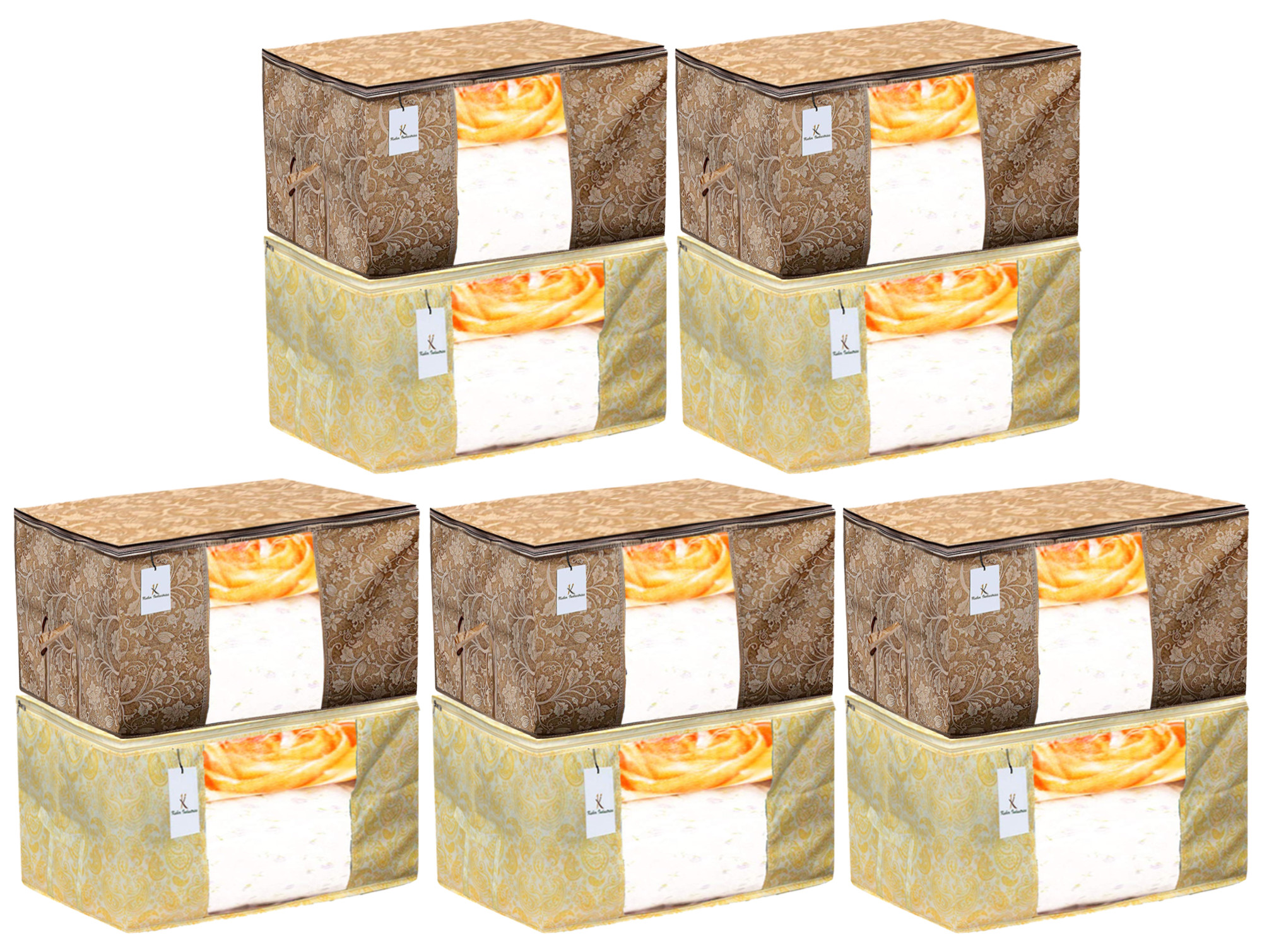 Kuber Industries Metalic Printed Non Woven Fabric Underbed Storage Bag,Cloth Organiser,Blanket Cover with Transparent Window, Gold & Beige -CTKTC41061