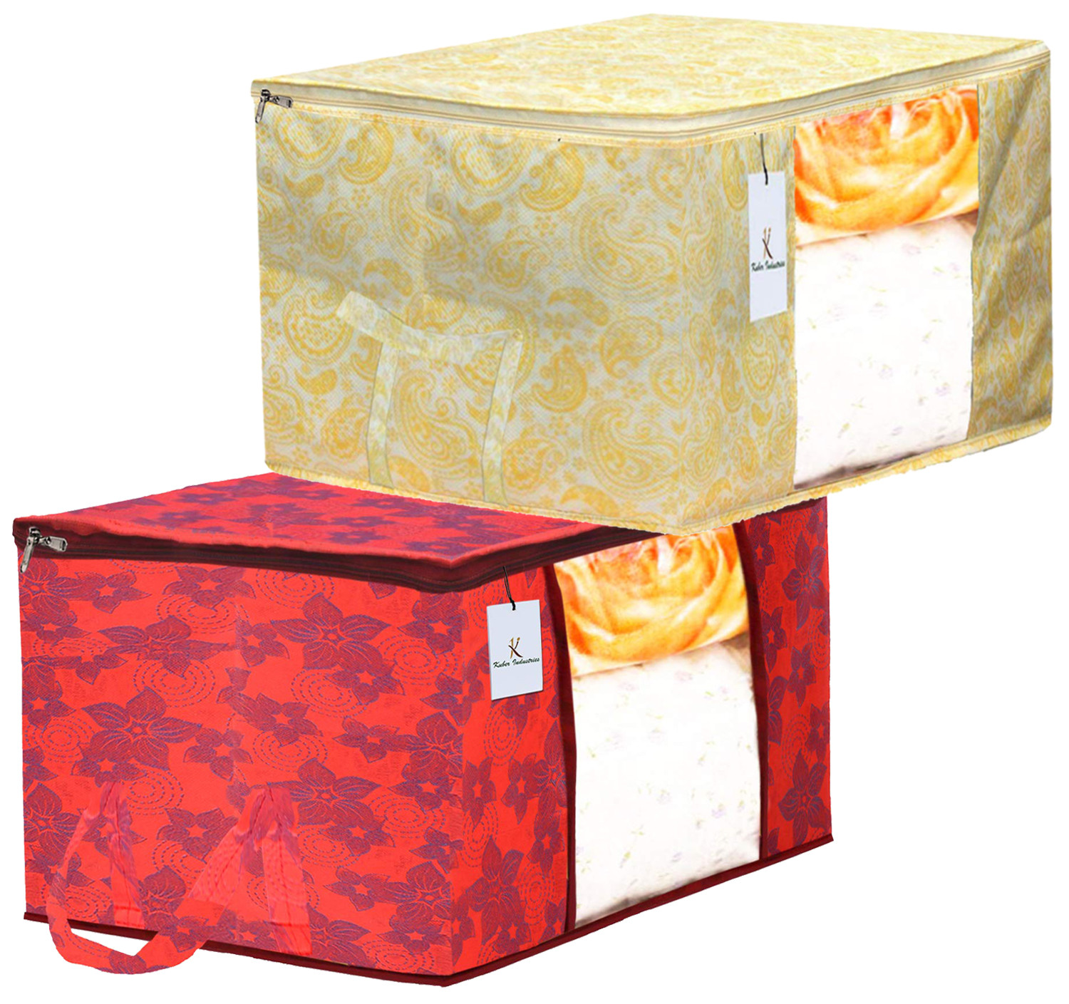 Kuber Industries Metalic Printed Non Woven Fabric Underbed Storage Bag,Cloth Organiser,Blanket Cover with Transparent Window, Gold & Red -CTKTC41063