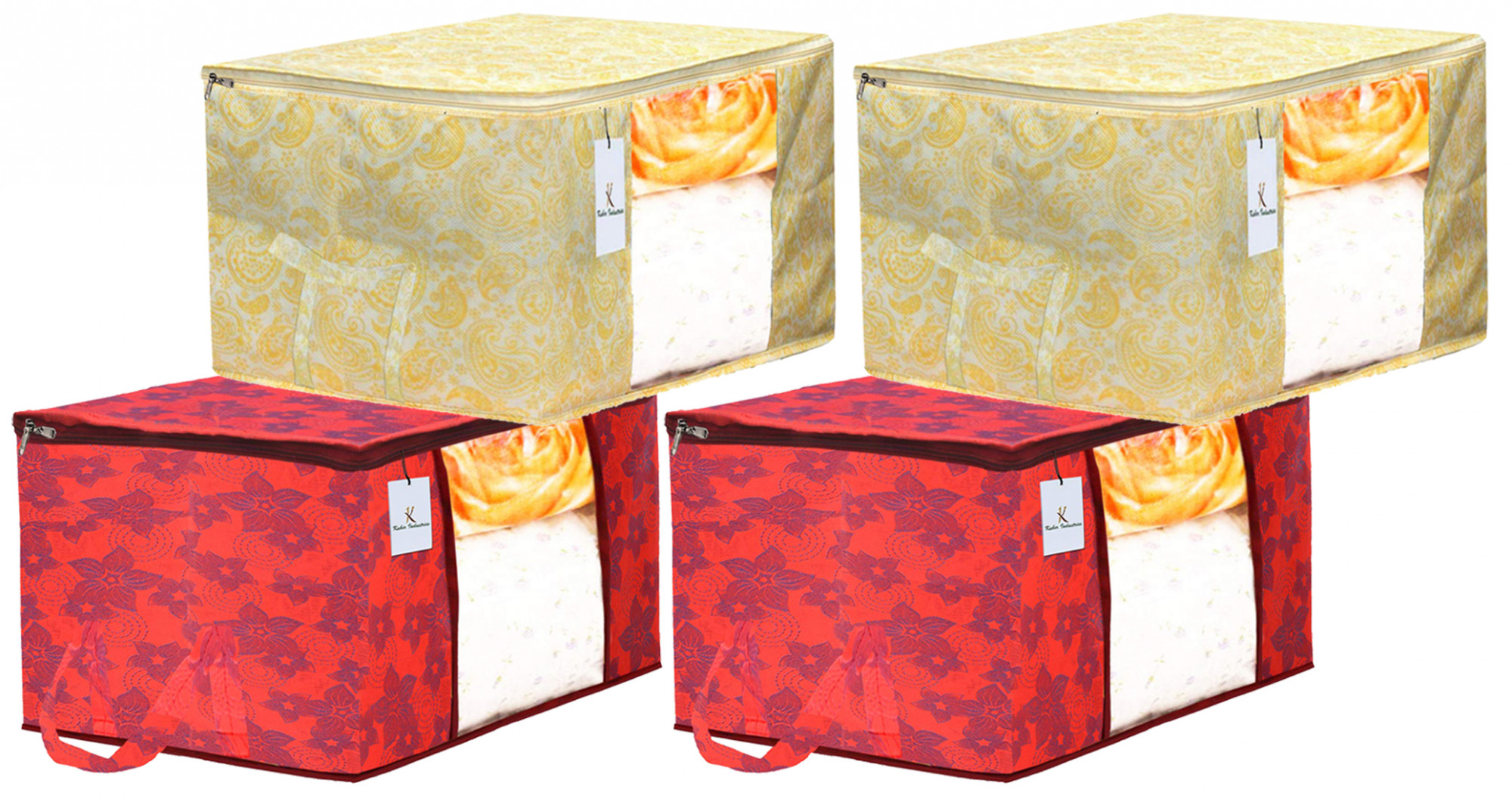 Kuber Industries Metalic Printed Non Woven Fabric Underbed Storage Bag,Cloth Organiser,Blanket Cover with Transparent Window, Gold & Red -CTKTC41063