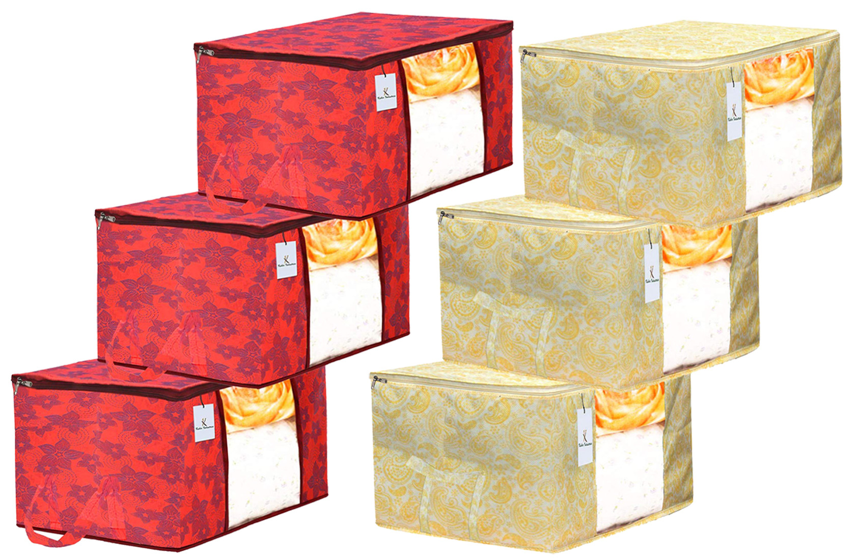 Kuber Industries Metalic Printed Non Woven Fabric Underbed Storage Bag,Cloth Organiser,Blanket Cover with Transparent Window, Gold & Red -CTKTC41063