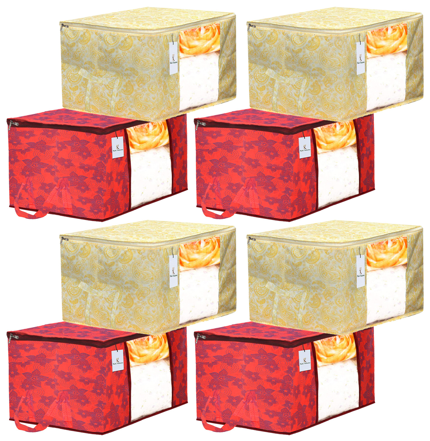 Kuber Industries Metalic Printed Non Woven Fabric Underbed Storage Bag,Cloth Organiser,Blanket Cover with Transparent Window, Gold & Red -CTKTC41063