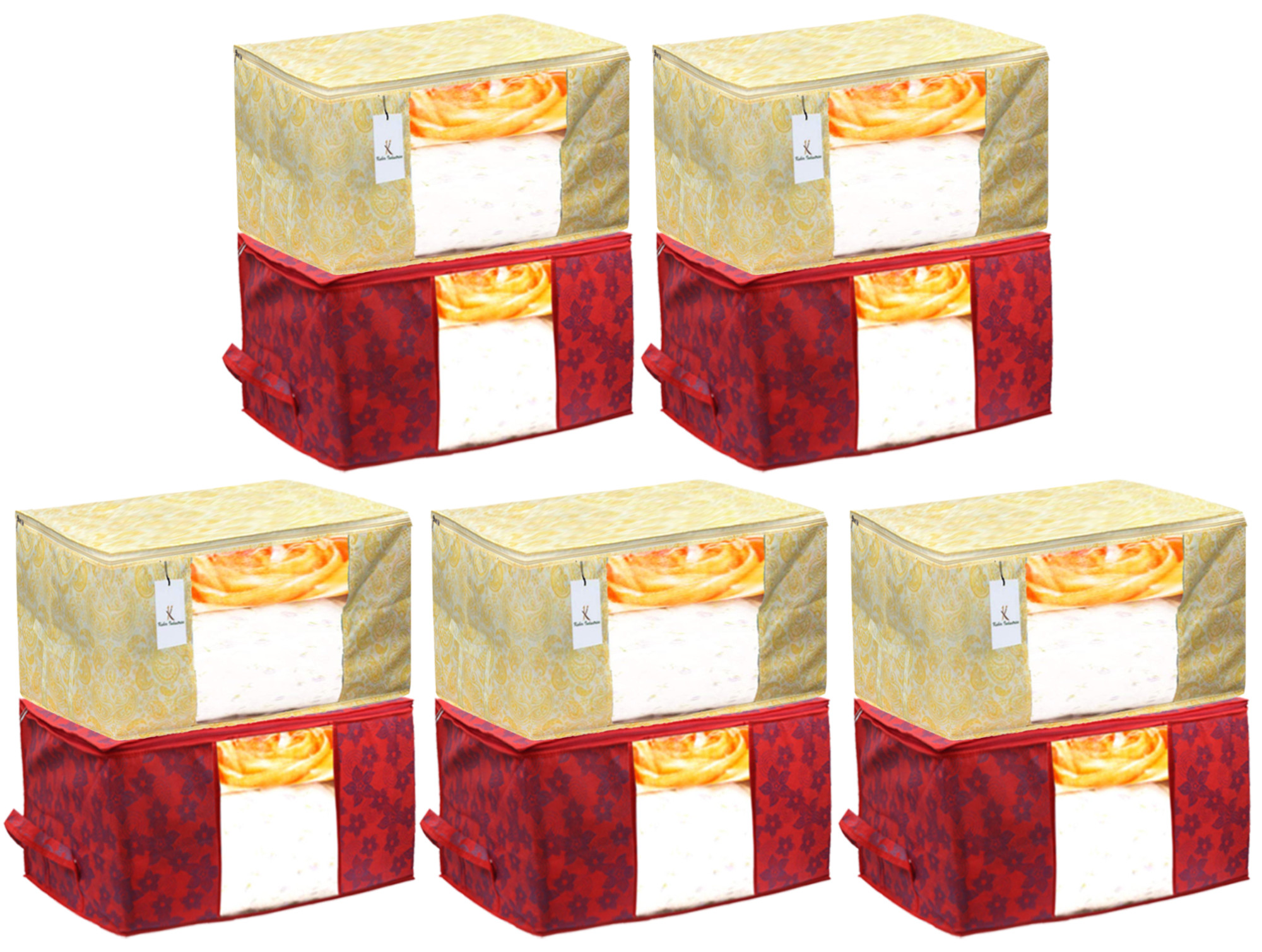Kuber Industries Metalic Printed Non Woven Fabric Underbed Storage Bag,Cloth Organiser,Blanket Cover with Transparent Window, Gold & Red -CTKTC41063