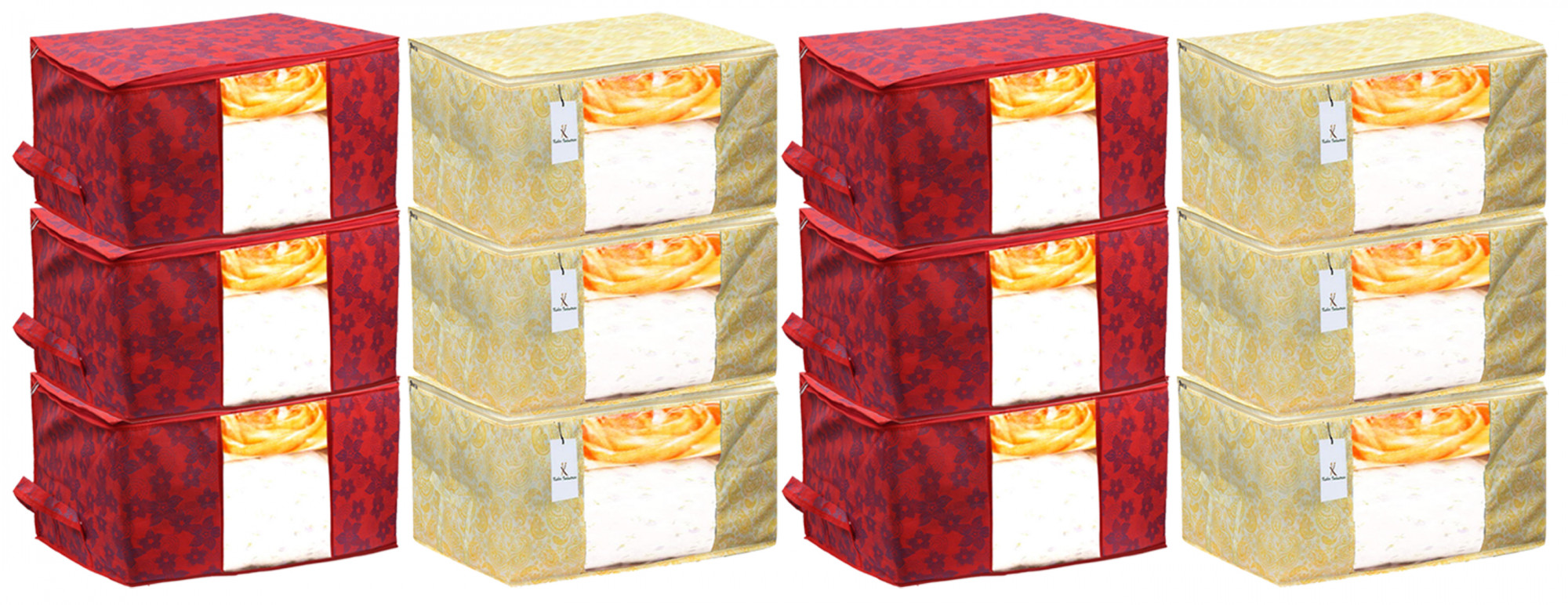 Kuber Industries Metalic Printed Non Woven Fabric Underbed Storage Bag,Cloth Organiser,Blanket Cover with Transparent Window, Gold & Red -CTKTC41063