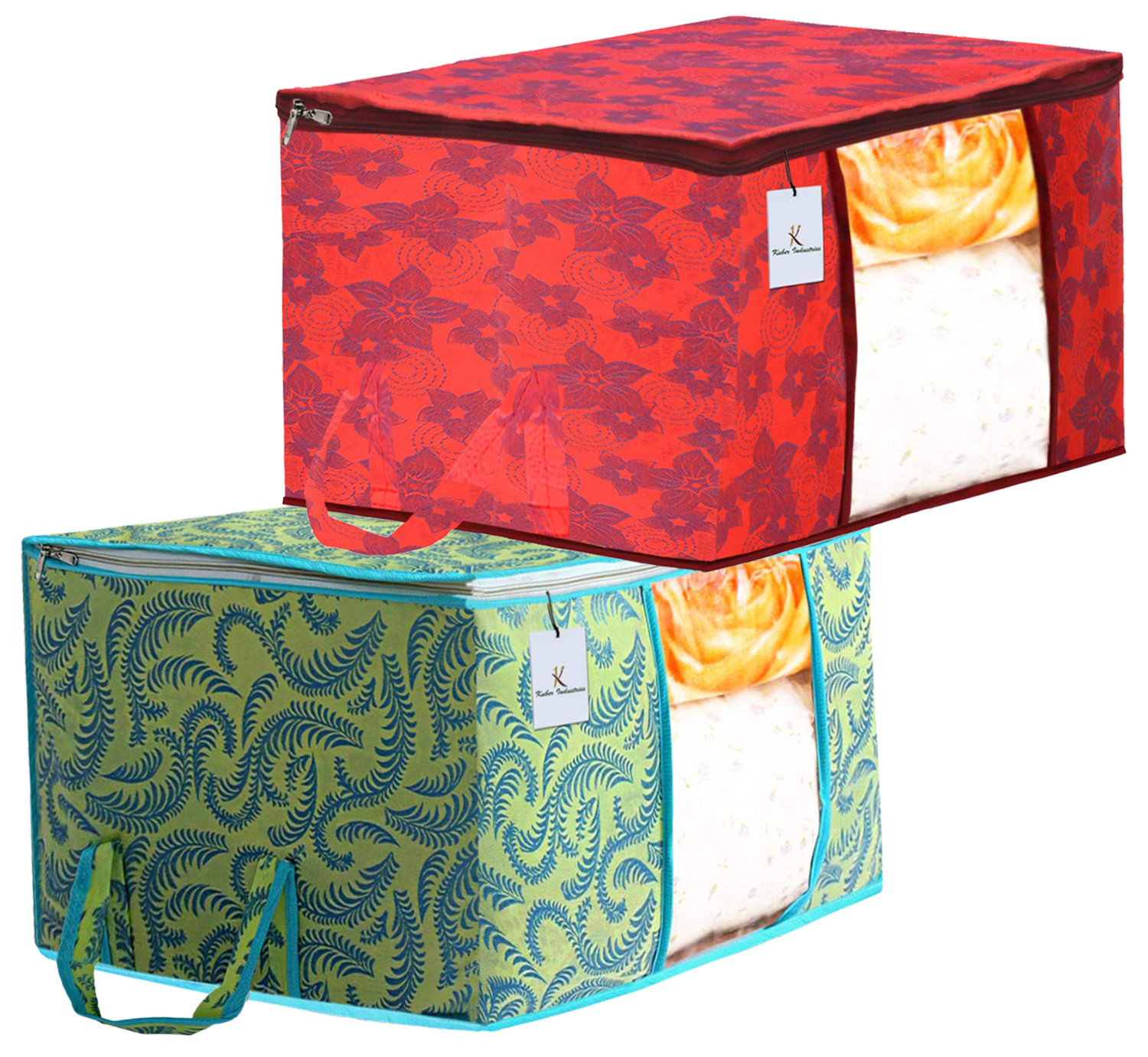 Kuber Industries Metalic Printed Non Woven Fabric Underbed Storage Bag,Cloth Organiser,Blanket Cover with Transparent Window, Green & Red -CTKTC41065