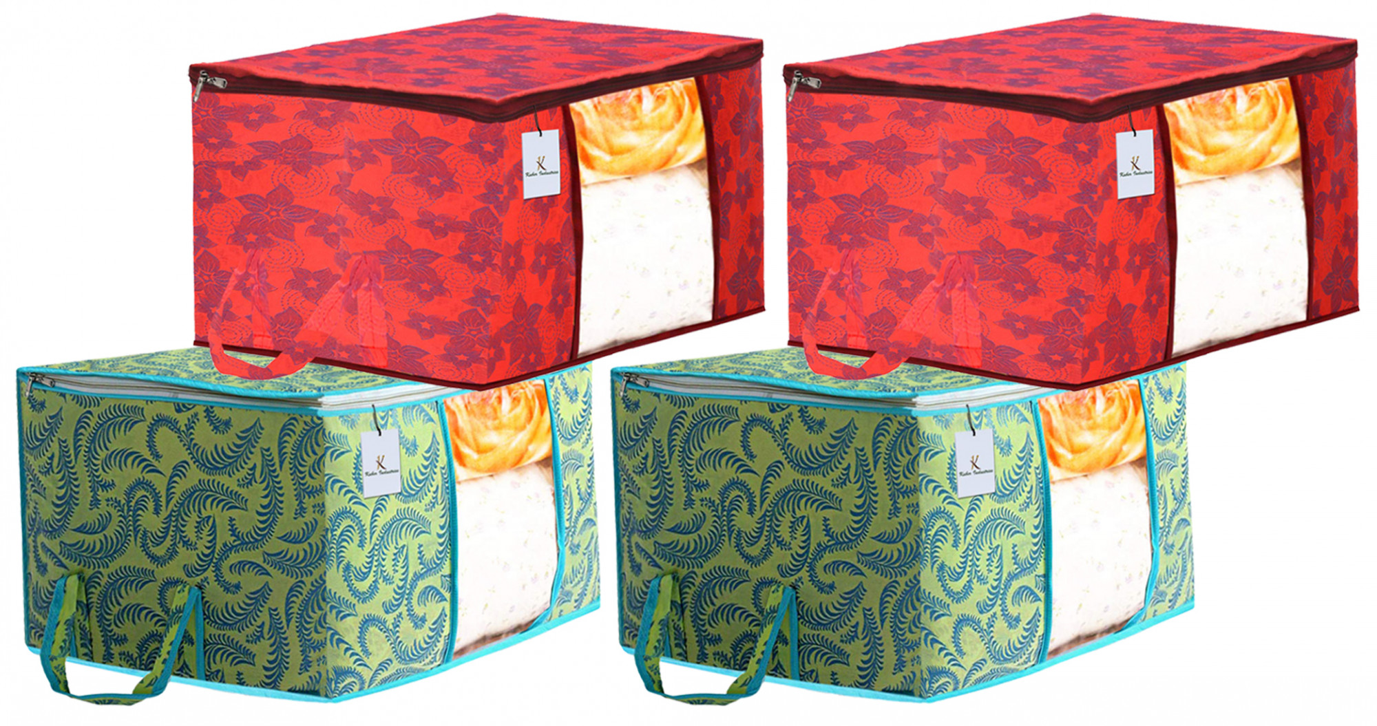 Kuber Industries Metalic Printed Non Woven Fabric Underbed Storage Bag,Cloth Organiser,Blanket Cover with Transparent Window, Green & Red -CTKTC41065