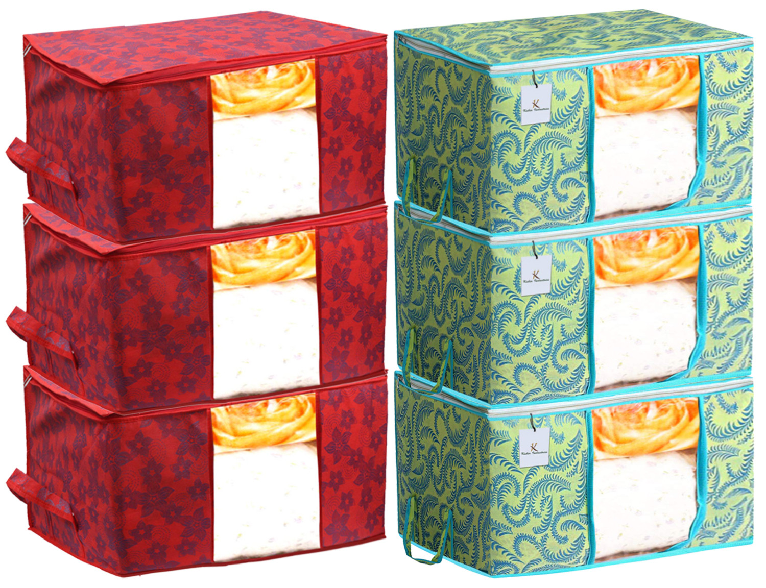 Kuber Industries Metalic Printed Non Woven Fabric Underbed Storage Bag,Cloth Organiser,Blanket Cover with Transparent Window, Green & Red -CTKTC41065