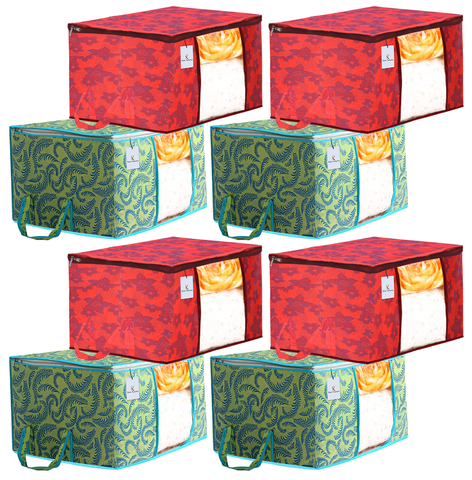 Kuber Industries Metalic Printed Non Woven Fabric Underbed Storage Bag,Cloth Organiser,Blanket Cover with Transparent Window, Green & Red -CTKTC41065