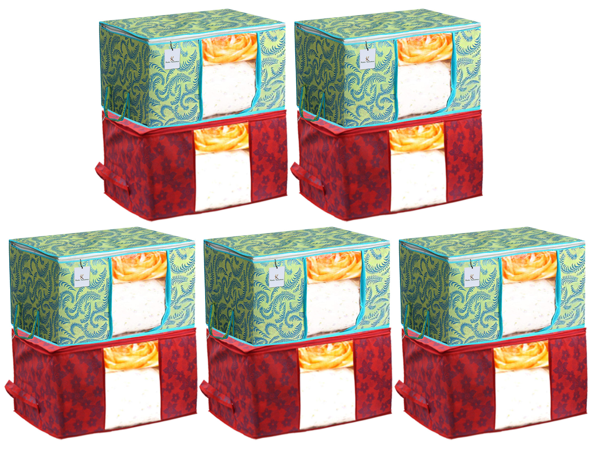 Kuber Industries Metalic Printed Non Woven Fabric Underbed Storage Bag,Cloth Organiser,Blanket Cover with Transparent Window, Green & Red -CTKTC41065