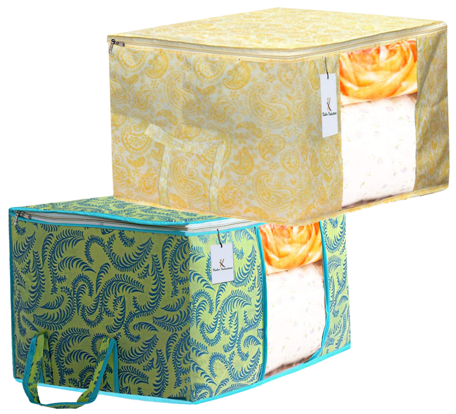 Kuber Industries Metalic Printed Non Woven Fabric Underbed Storage Bag,Cloth Organiser,Blanket Cover with Transparent Window, Green & Gold -CTKTC41067