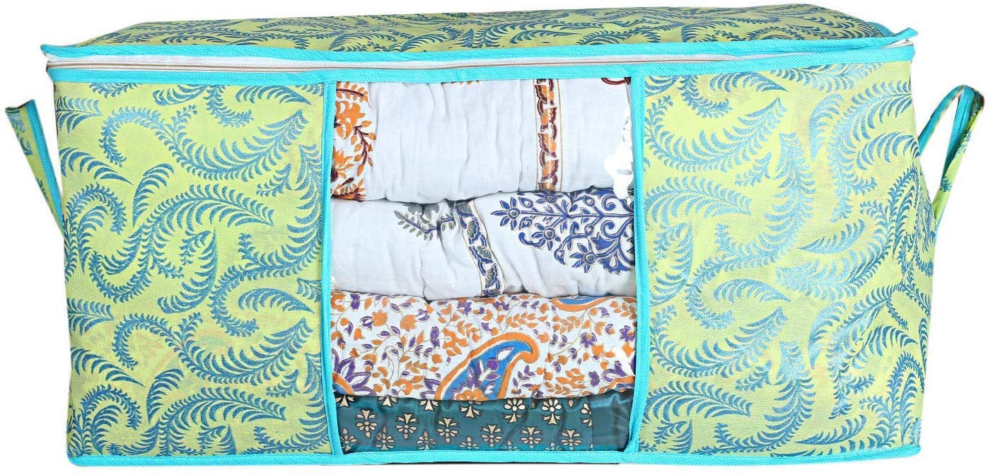 Kuber Industries Metalic Printed Non Woven Fabric Underbed Storage Bag,Cloth Organiser,Blanket Cover with Transparent Window, Green & Gold -CTKTC41067