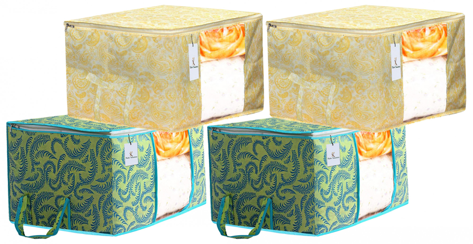 Kuber Industries Metalic Printed Non Woven Fabric Underbed Storage Bag,Cloth Organiser,Blanket Cover with Transparent Window, Green & Gold -CTKTC41067