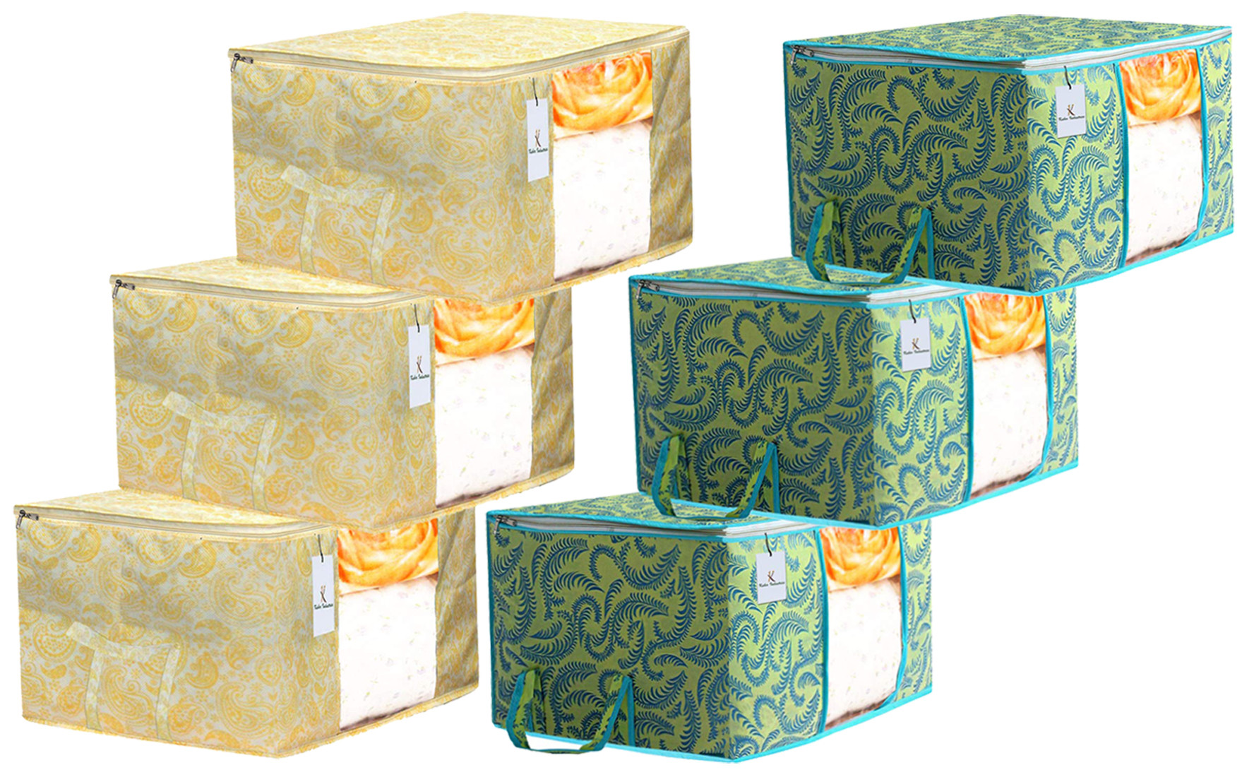 Kuber Industries Metalic Printed Non Woven Fabric Underbed Storage Bag,Cloth Organiser,Blanket Cover with Transparent Window, Green & Gold -CTKTC41067