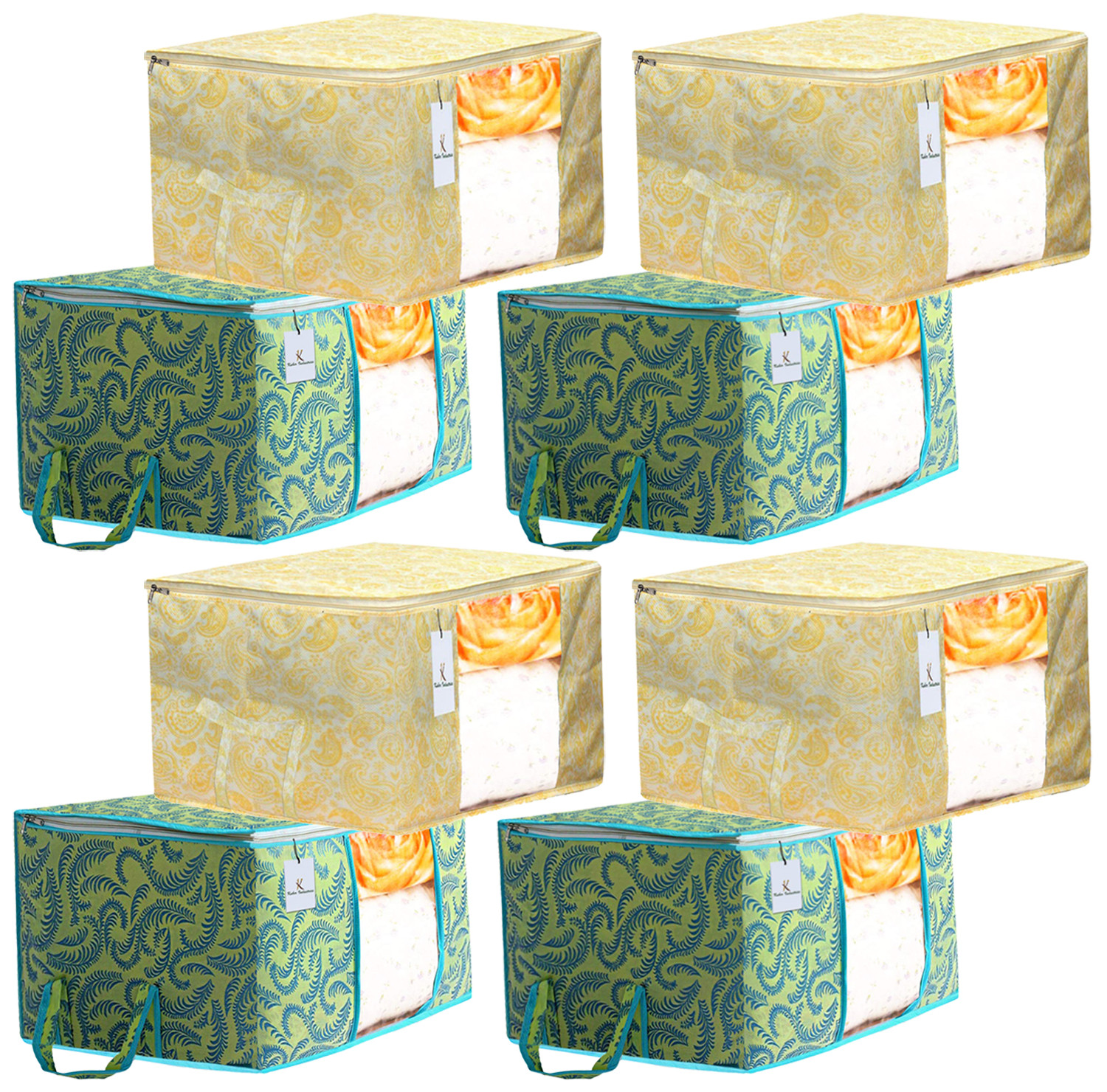 Kuber Industries Metalic Printed Non Woven Fabric Underbed Storage Bag,Cloth Organiser,Blanket Cover with Transparent Window, Green & Gold -CTKTC41067