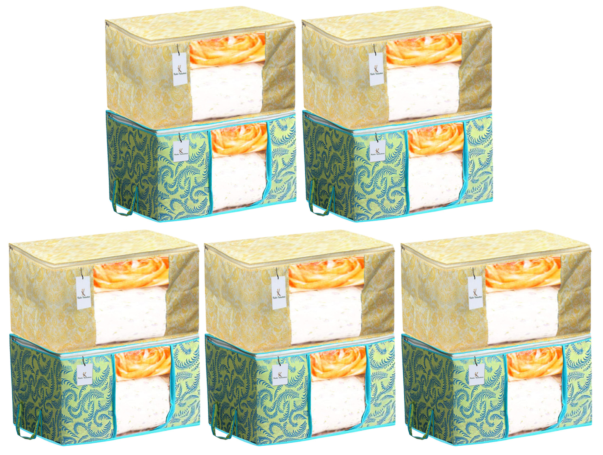 Kuber Industries Metalic Printed Non Woven Fabric Underbed Storage Bag,Cloth Organiser,Blanket Cover with Transparent Window, Green & Gold -CTKTC41067