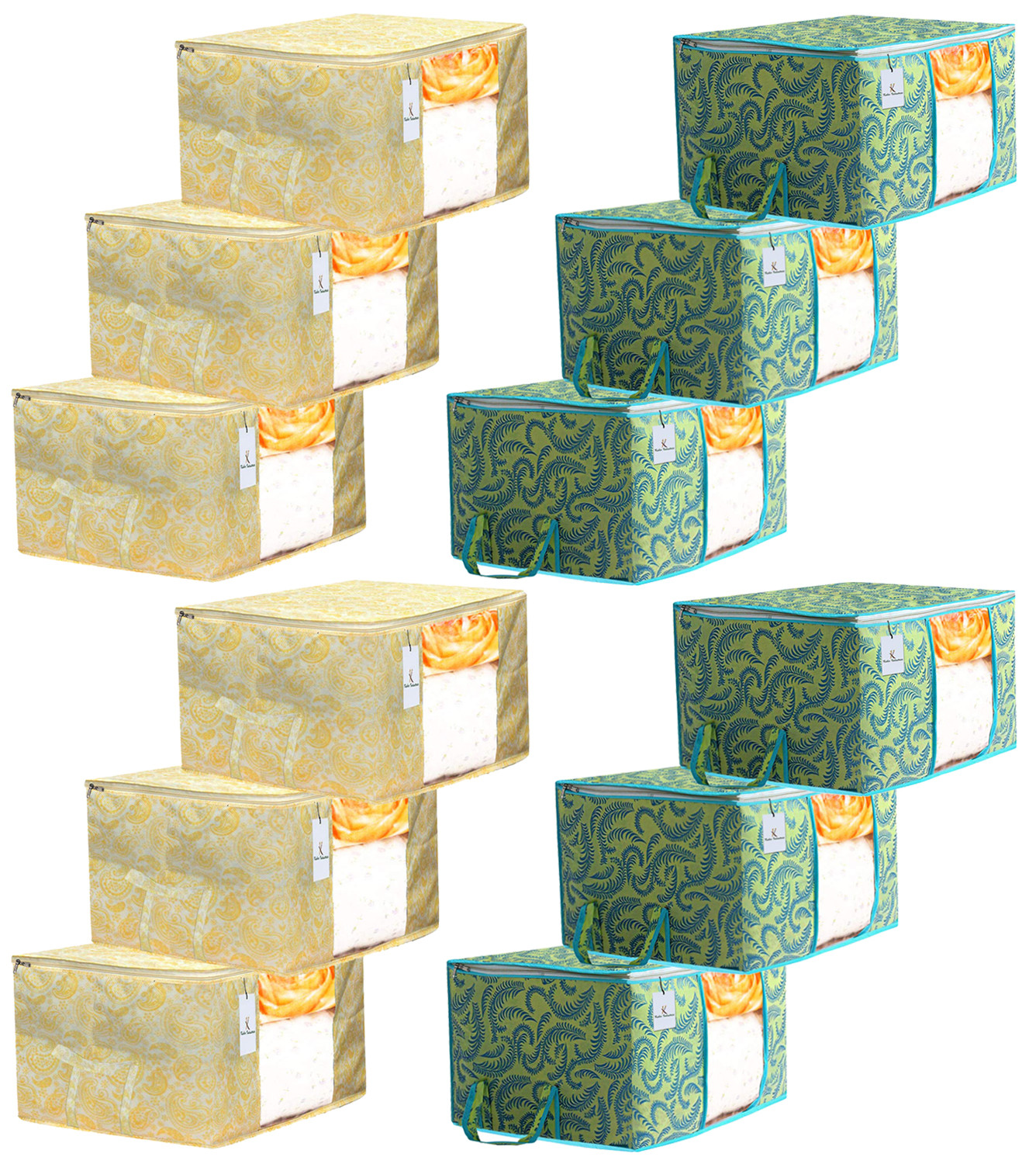 Kuber Industries Metalic Printed Non Woven Fabric Underbed Storage Bag,Cloth Organiser,Blanket Cover with Transparent Window, Green & Gold -CTKTC41067