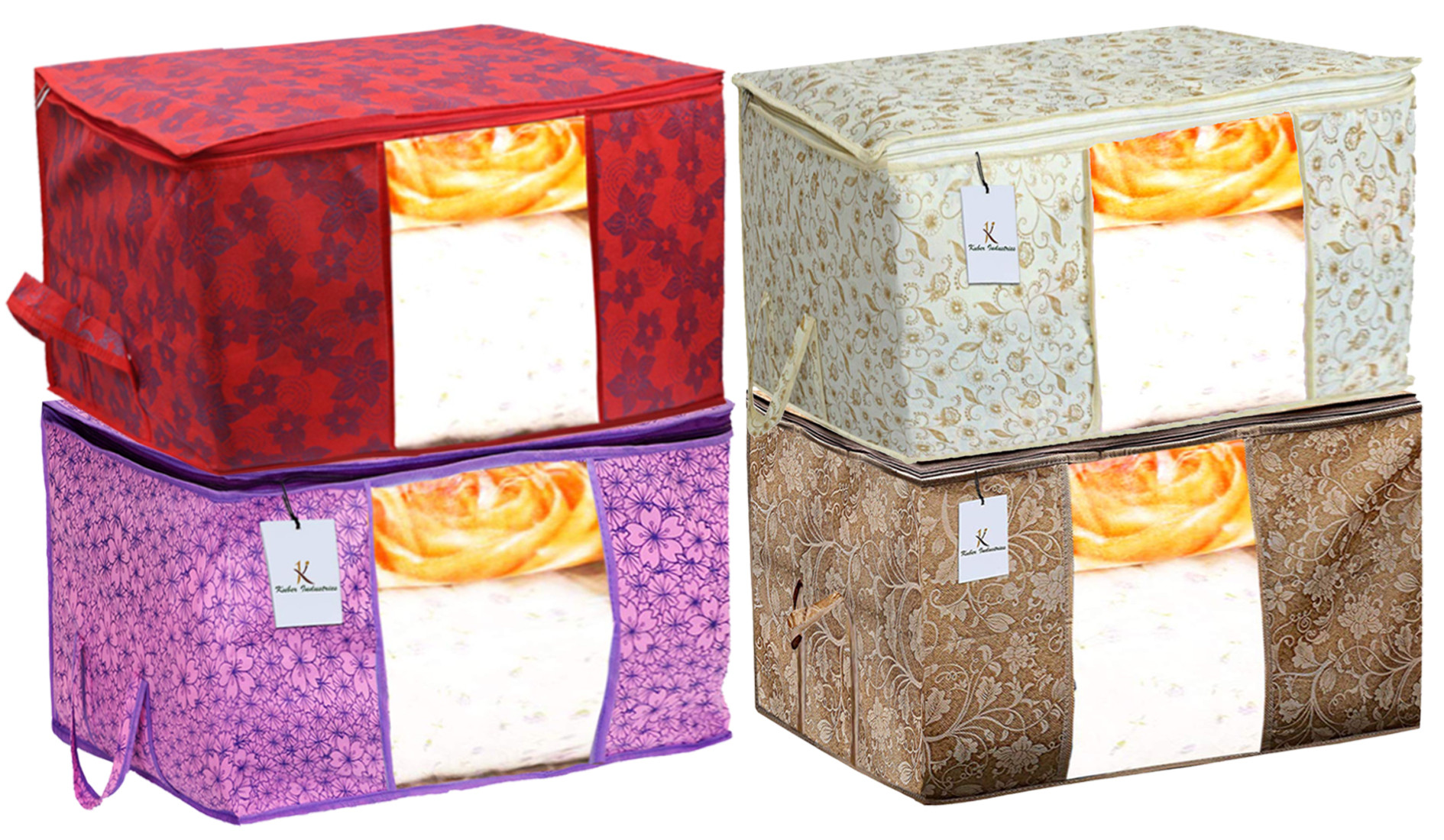 Kuber Industries Metalic Printed Non Woven Fabric Underbed Storage Bag,Cloth Organiser,Blanket Cover with Transparent Window, Red & Beige & Pink Purple & Brown -CTKTC41119