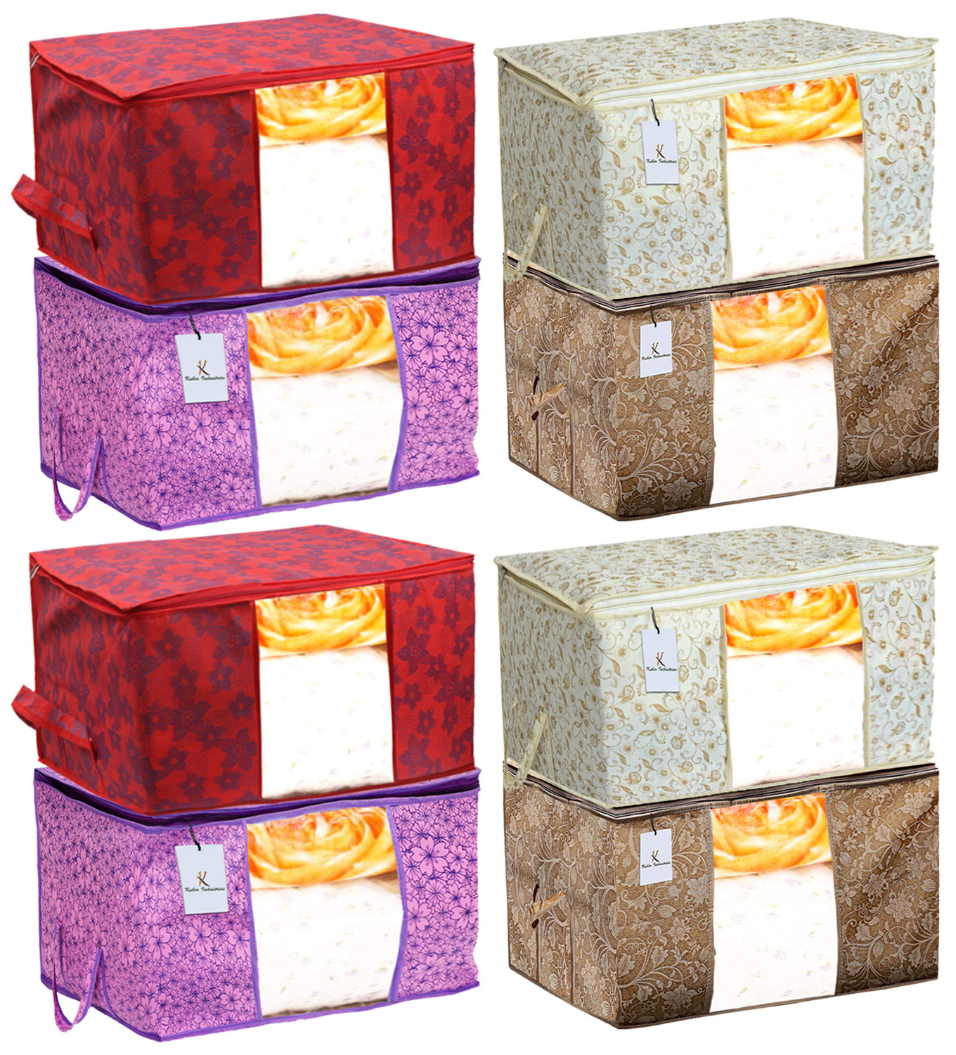 Kuber Industries Metalic Printed Non Woven Fabric Underbed Storage Bag,Cloth Organiser,Blanket Cover with Transparent Window, Red & Beige & Pink Purple & Brown -CTKTC41119