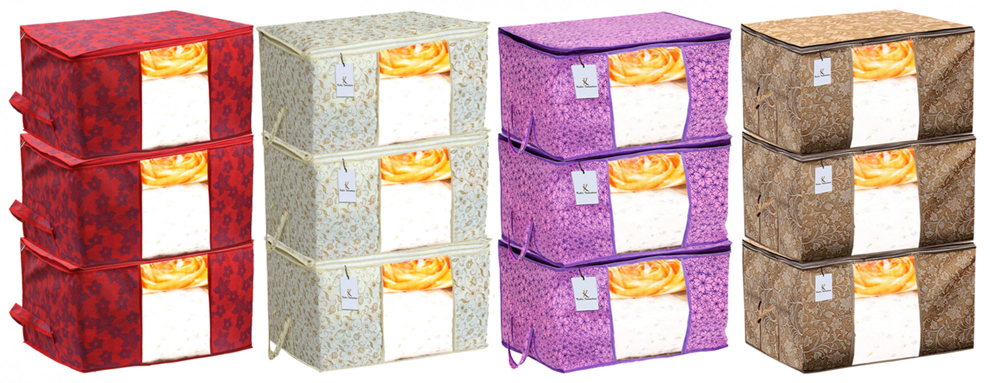 Kuber Industries Metalic Printed Non Woven Fabric Underbed Storage Bag,Cloth Organiser,Blanket Cover with Transparent Window, Red & Beige & Pink Purple & Brown -CTKTC41119
