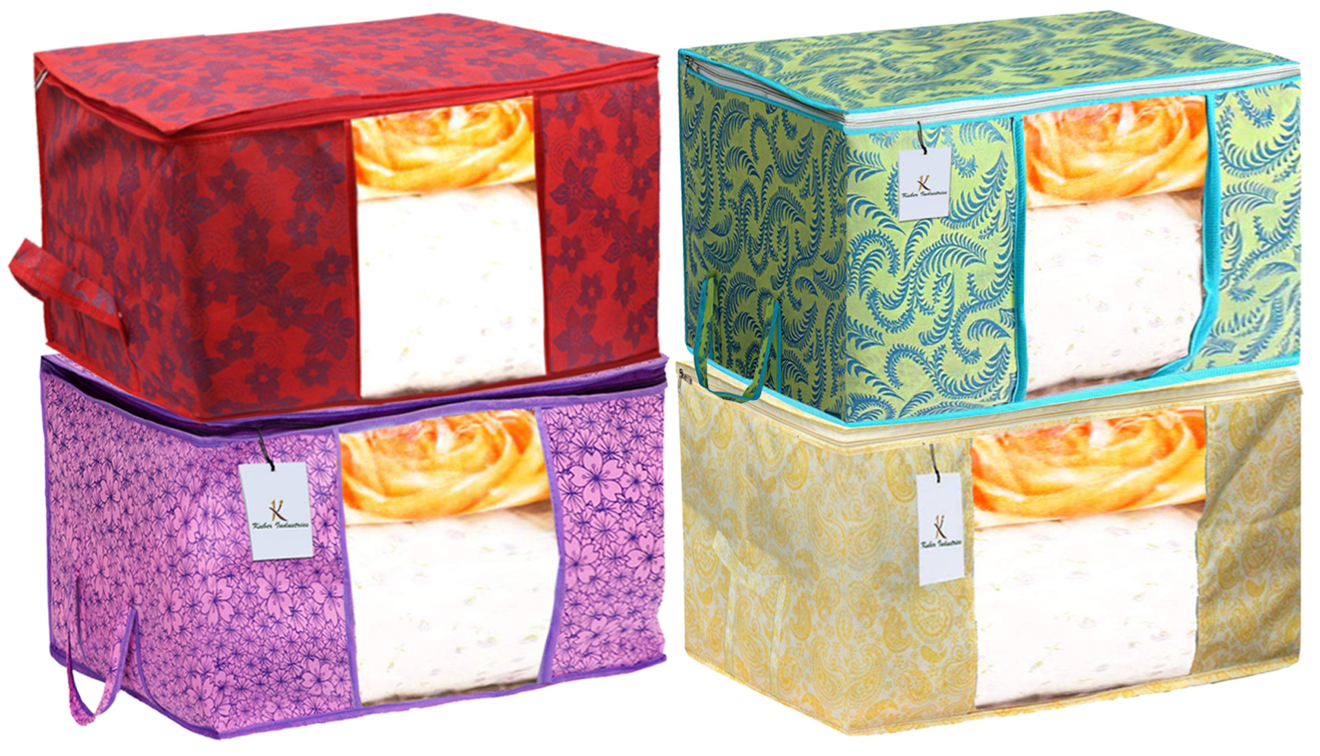 Kuber Industries Metalic Printed Non Woven Fabric Underbed Storage Bag,Cloth Organiser,Blanket Cover with Transparent Window, Green & Gold & Red & Pink Purple -CTKTC41121