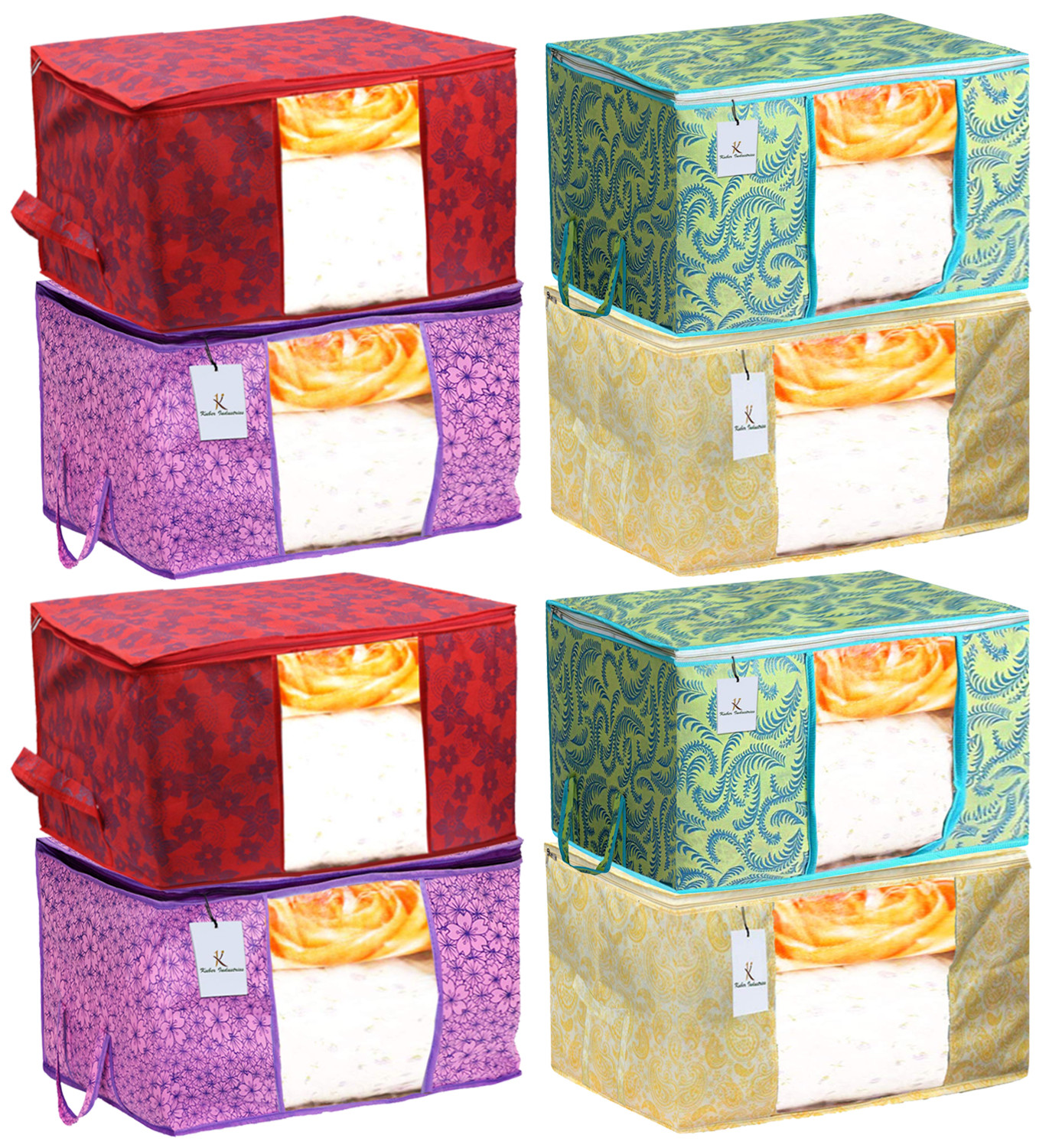 Kuber Industries Metalic Printed Non Woven Fabric Underbed Storage Bag,Cloth Organiser,Blanket Cover with Transparent Window, Green & Gold & Red & Pink Purple -CTKTC41121
