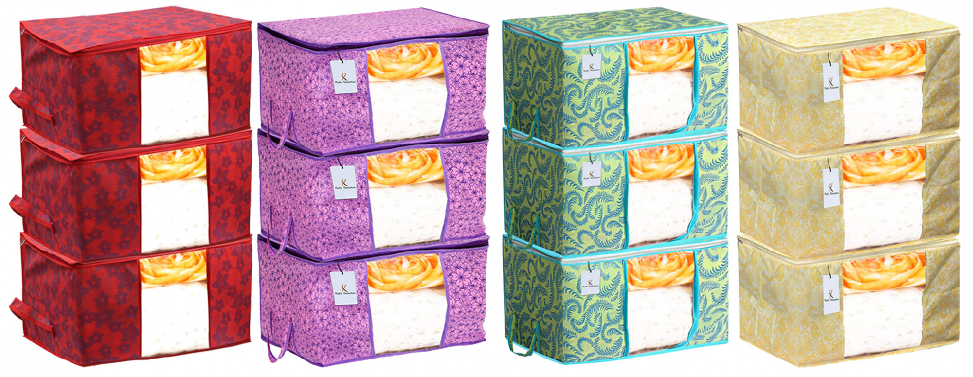 Kuber Industries Metalic Printed Non Woven Fabric Underbed Storage Bag,Cloth Organiser,Blanket Cover with Transparent Window, Green & Gold & Red & Pink Purple -CTKTC41121