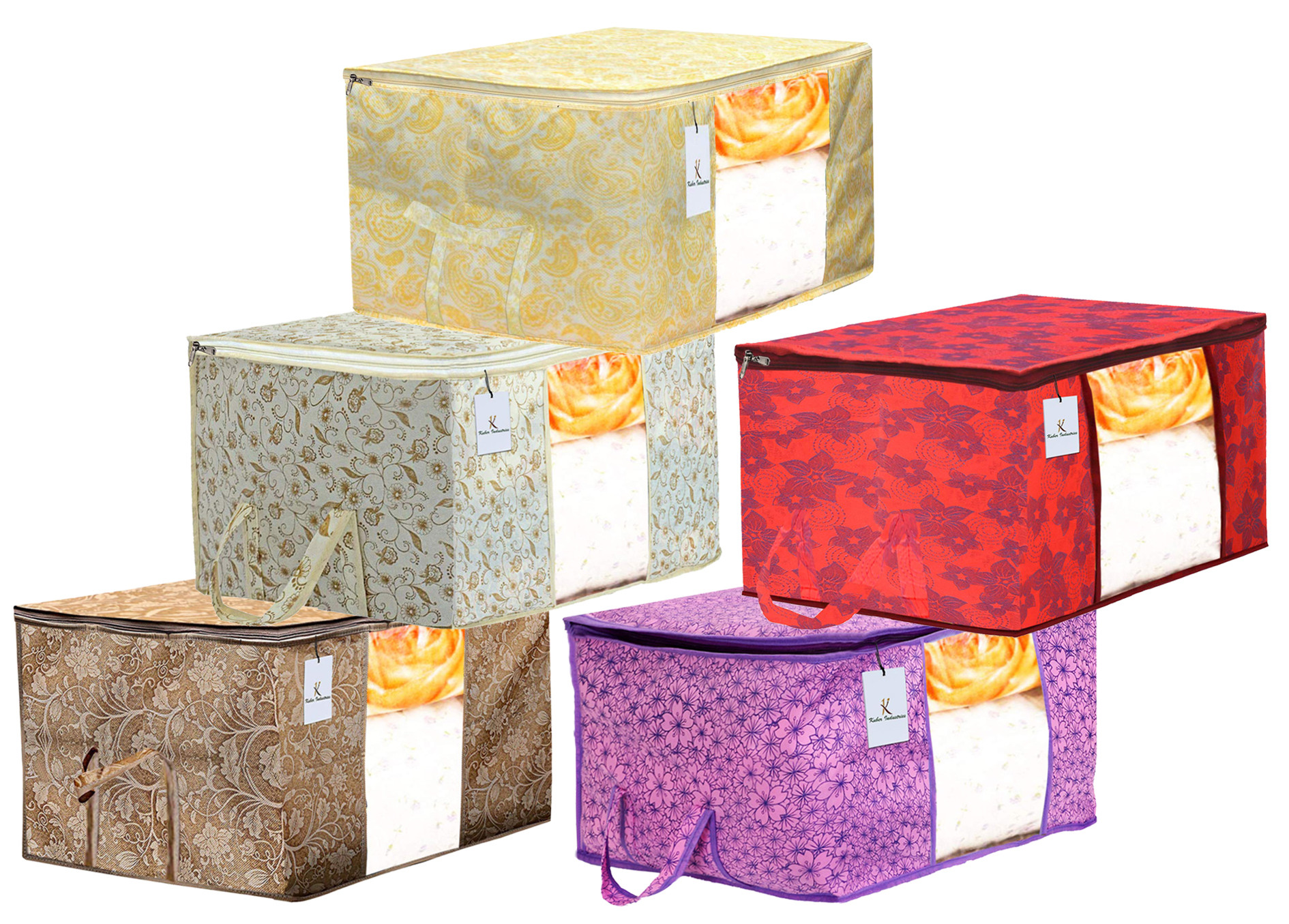 Kuber Industries Metalic Printed Non Woven Fabric Underbed Storage Bag,Cloth Organiser,Blanket Cover with Transparent Window, Red & Beige & Brown & Pink Purple & Gold -CTKTC41125