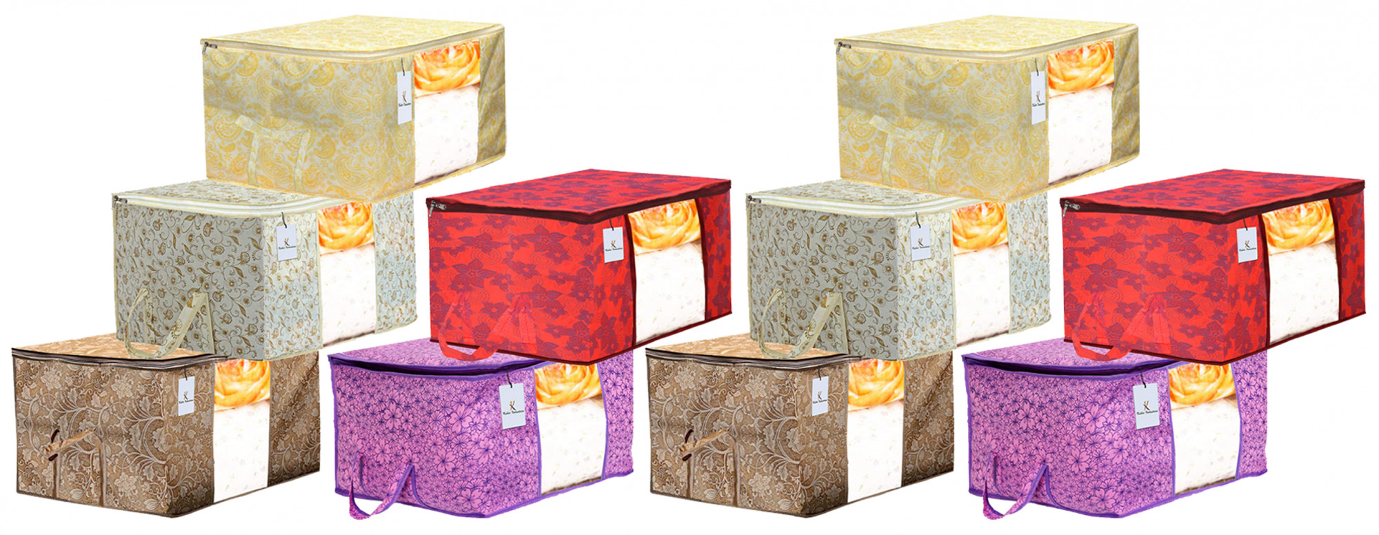 Kuber Industries Metalic Printed Non Woven Fabric Underbed Storage Bag,Cloth Organiser,Blanket Cover with Transparent Window, Red & Beige & Brown & Pink Purple & Gold -CTKTC41125