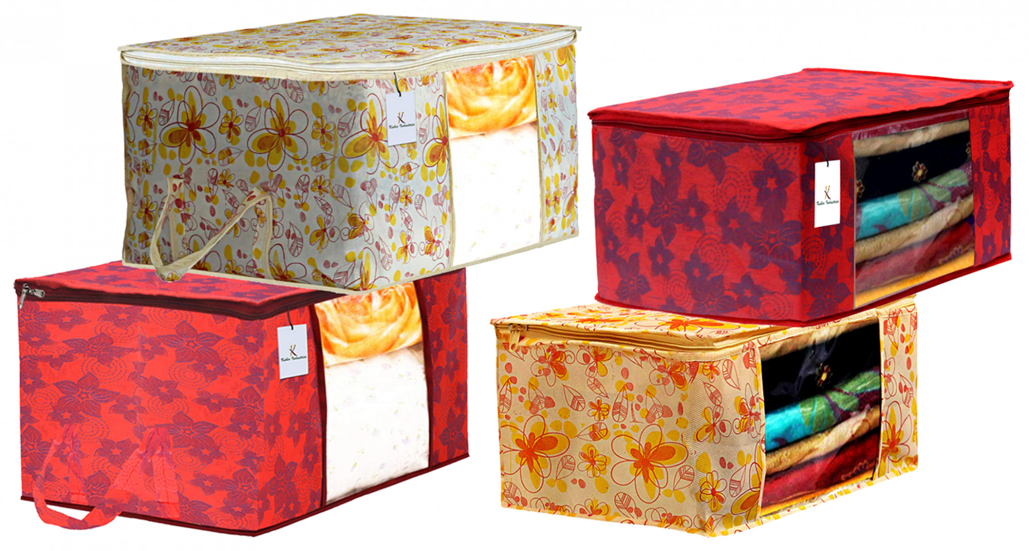 Kuber Industries Metalic Printed Non Woven Saree Cover And Underbed Storage Bag, Storage Organiser, Blanket Cover, Ivory Red & Red  -CTKTC42373
