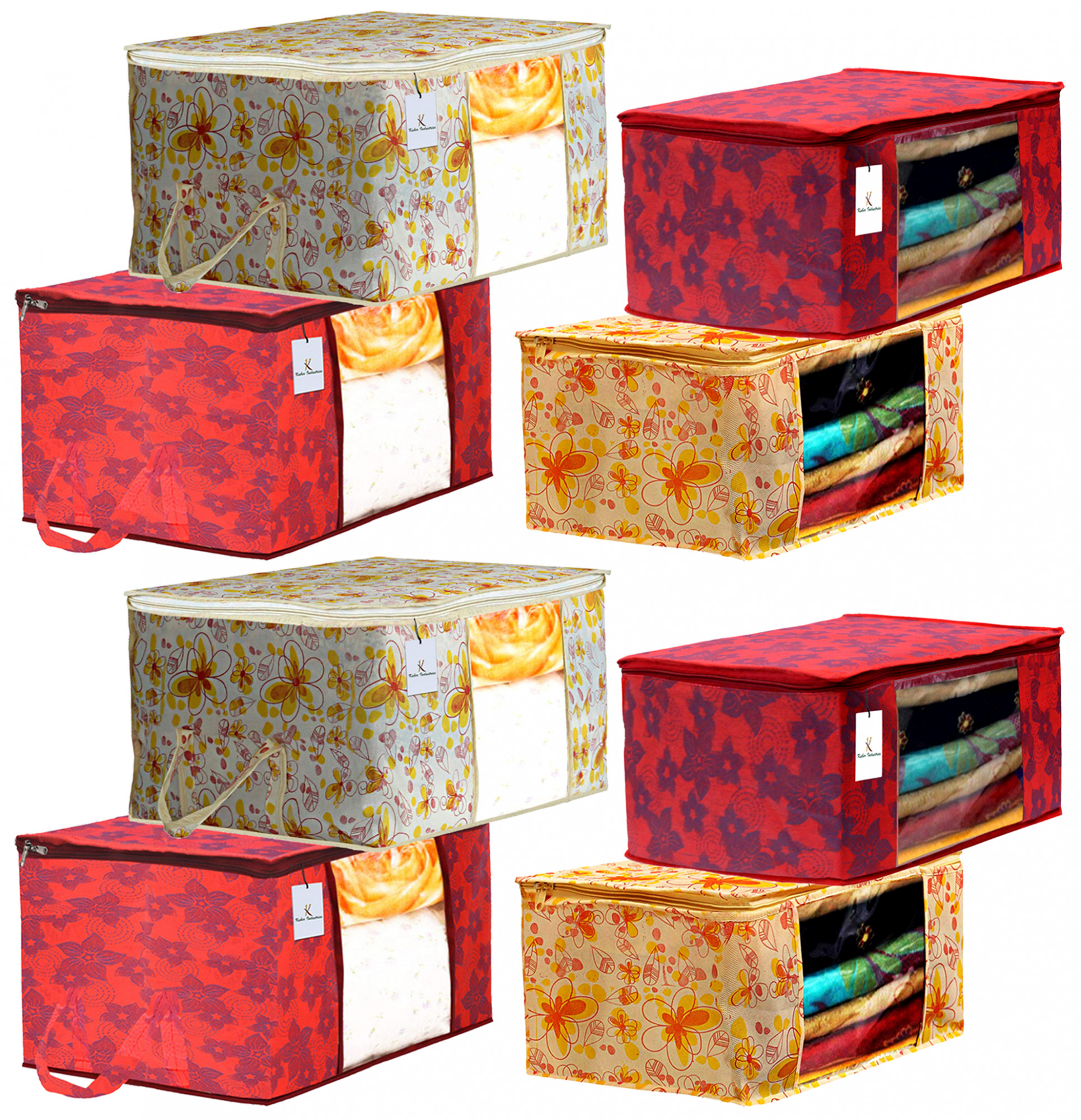 Kuber Industries Metalic Printed Non Woven Saree Cover And Underbed Storage Bag, Storage Organiser, Blanket Cover, Ivory Red & Red  -CTKTC42373