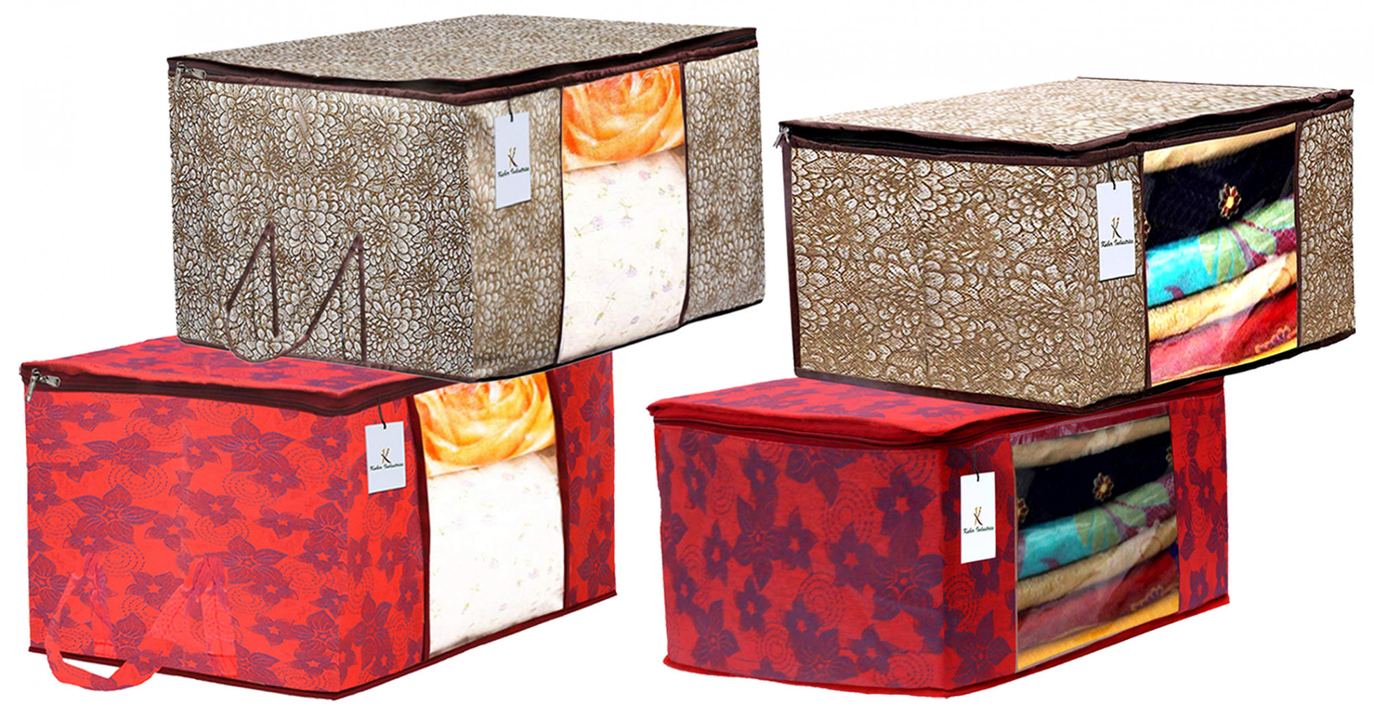 Kuber Industries Metalic Printed Non Woven Saree Cover And Underbed Storage Bag, Storage Organiser, Blanket Cover, Golden Brown & Red  -CTKTC42377