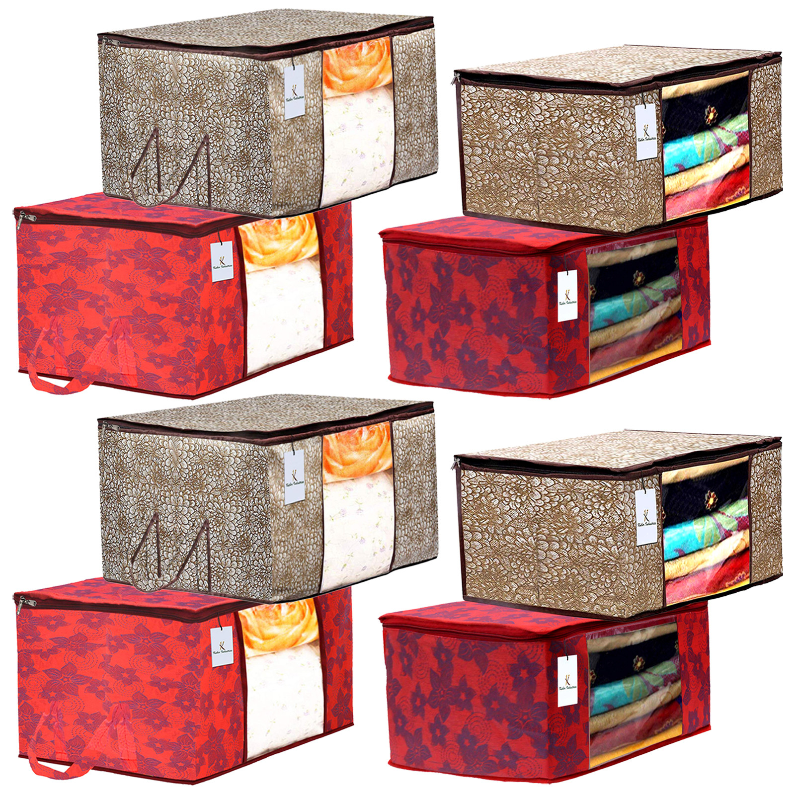 Kuber Industries Metalic Printed Non Woven Saree Cover And Underbed Storage Bag, Storage Organiser, Blanket Cover, Golden Brown & Red  -CTKTC42377