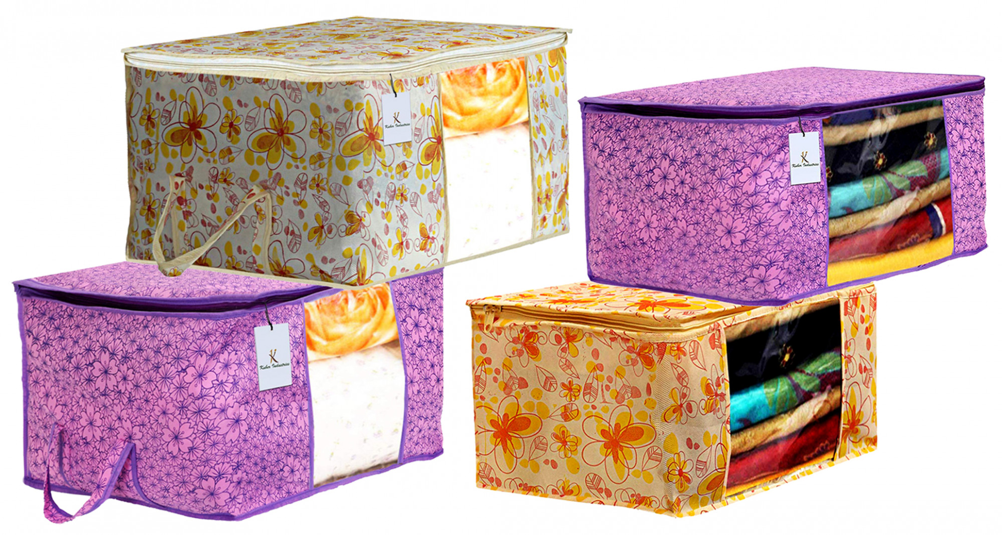 Kuber Industries Metalic Printed Non Woven Saree Cover And Underbed Storage Bag, Storage Organiser, Blanket Cover, Pink Purple & Ivory Red  -CTKTC42381