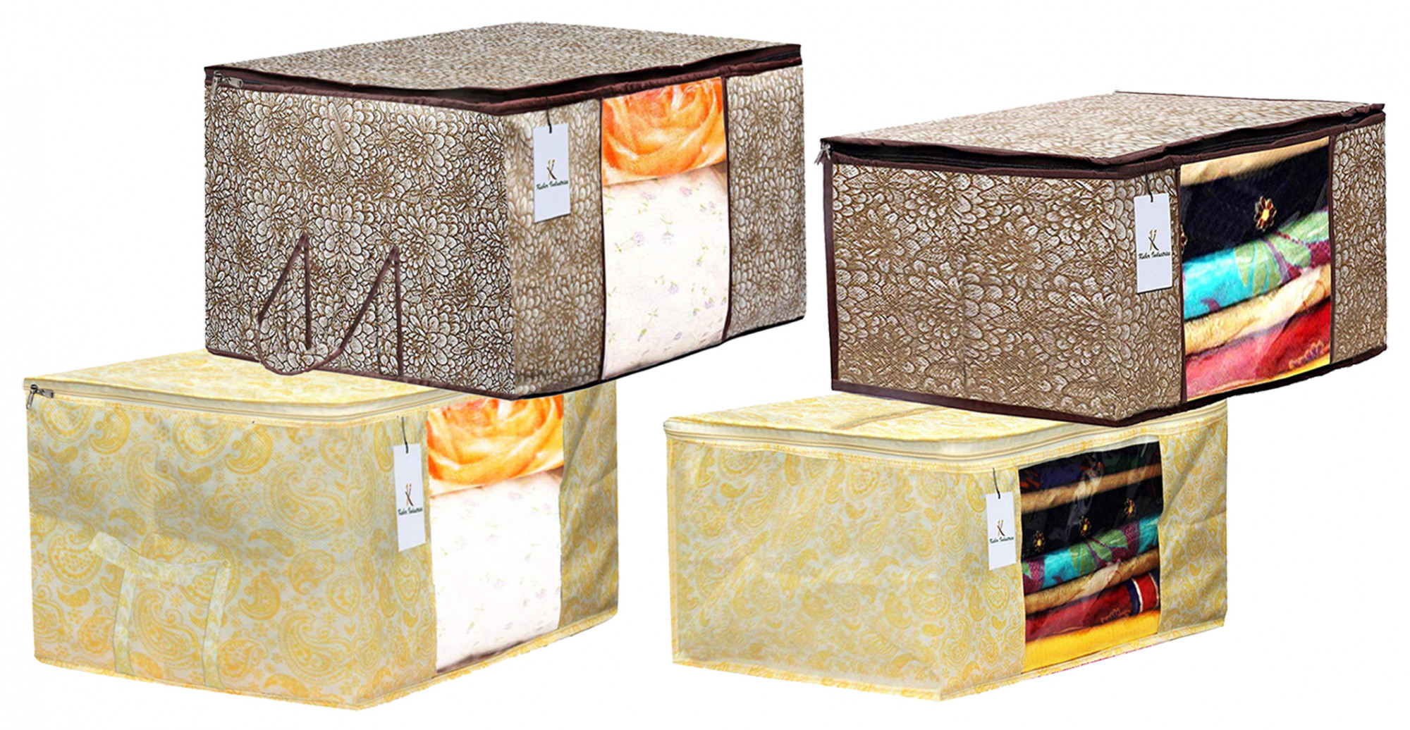 Kuber Industries Metalic Printed Non Woven Saree Cover And Underbed Storage Bag, Storage Organiser, Blanket Cover, Golden Brown & Gold -CTKTC42385